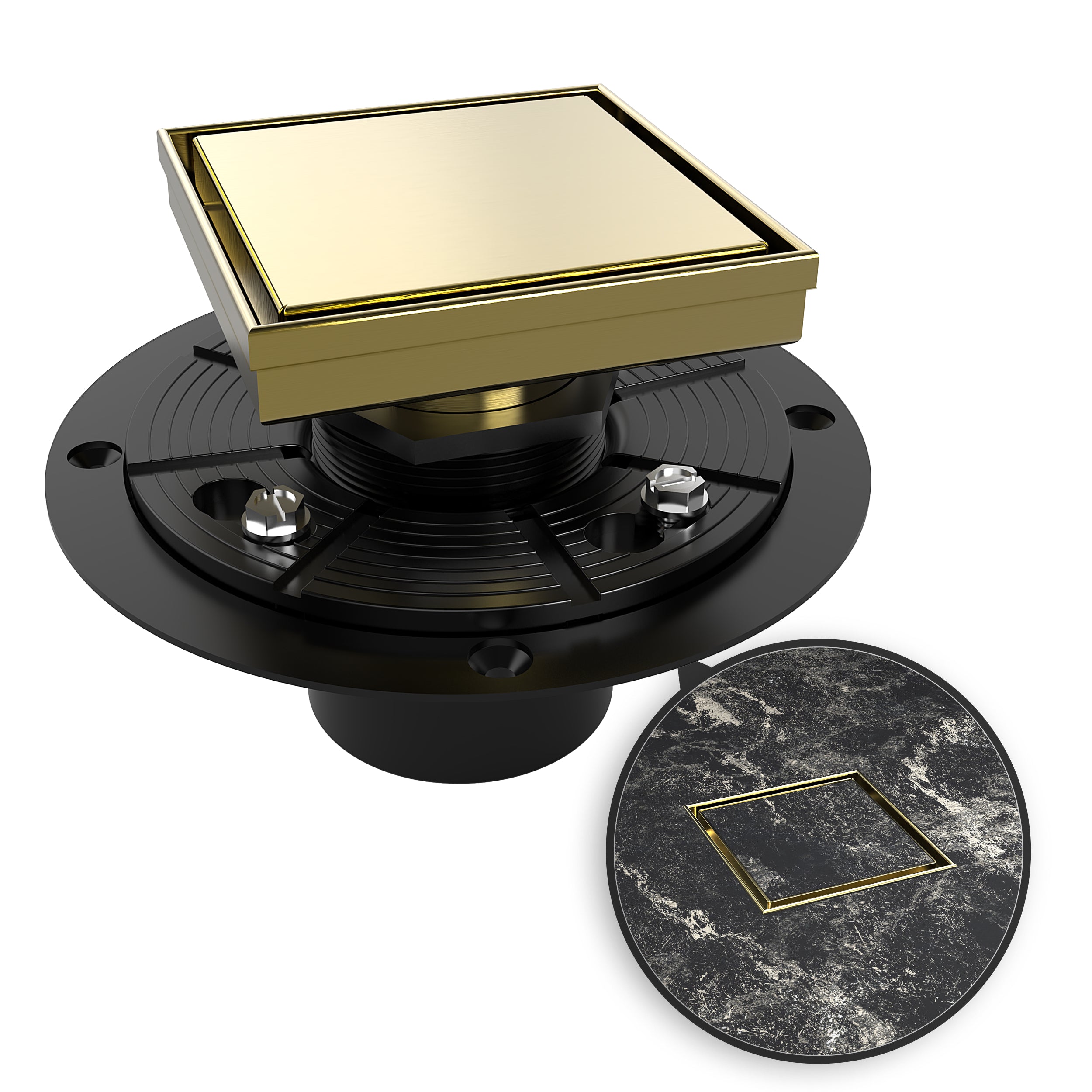 WEBANG 4 Inch Reversible 2-in-1 Tile-In Square Shower Drain With Flange, Brushed Gold