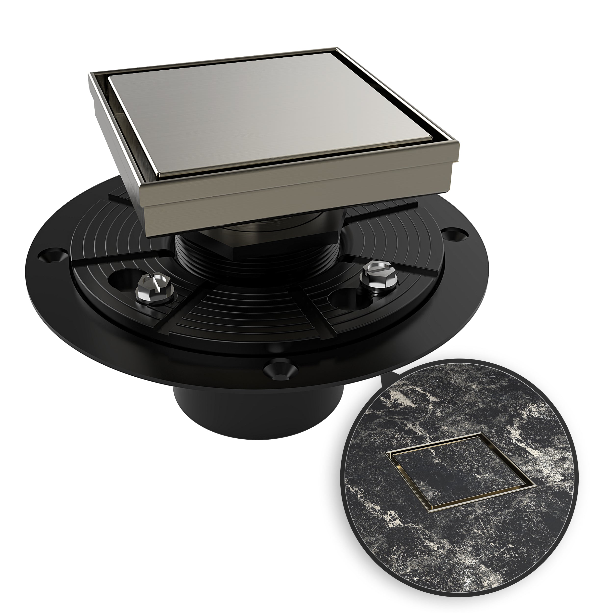 WEBANG 4 Inch Reversible 2-in-1 Tile-In Square Shower Drain With Flange, Brushed Nickel