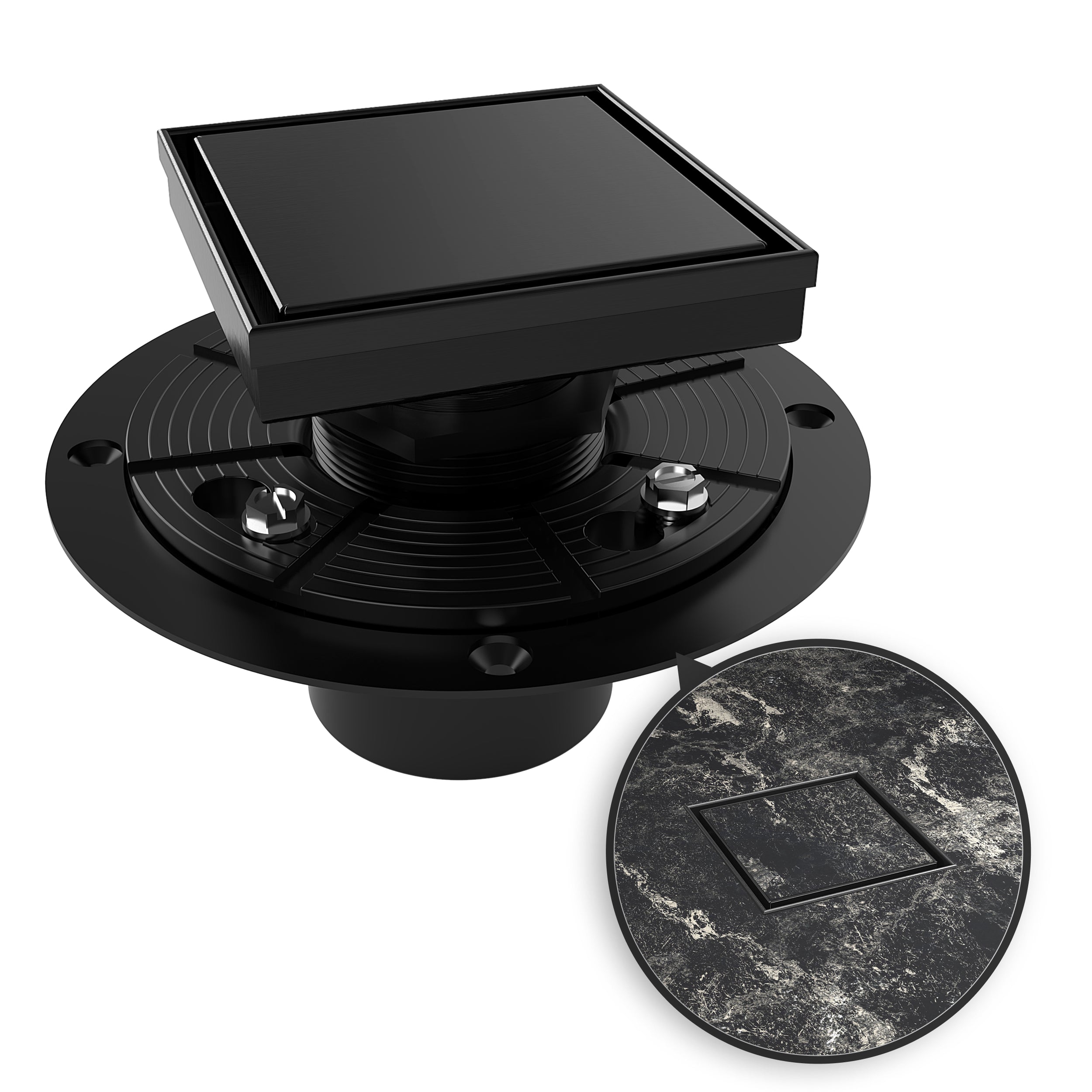WEBANG 4 Inch Reversible 2-in-1 Tile-In Square Shower Drain With Flange, Matte Black
