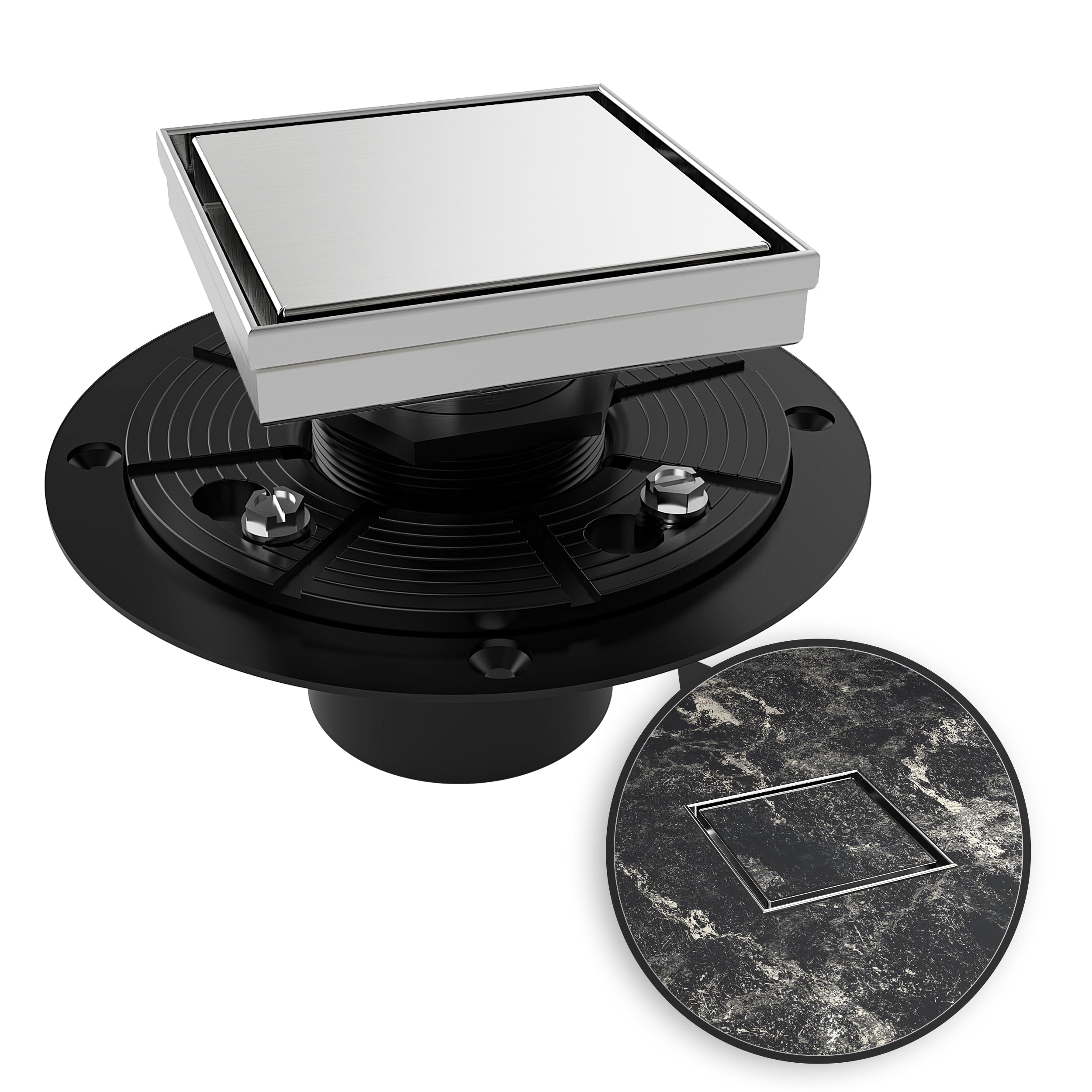 WEBANG 4 Inch Reversible 2-in-1 Tile-In Square Shower Drain With Flange, Brushed Stainless Steel