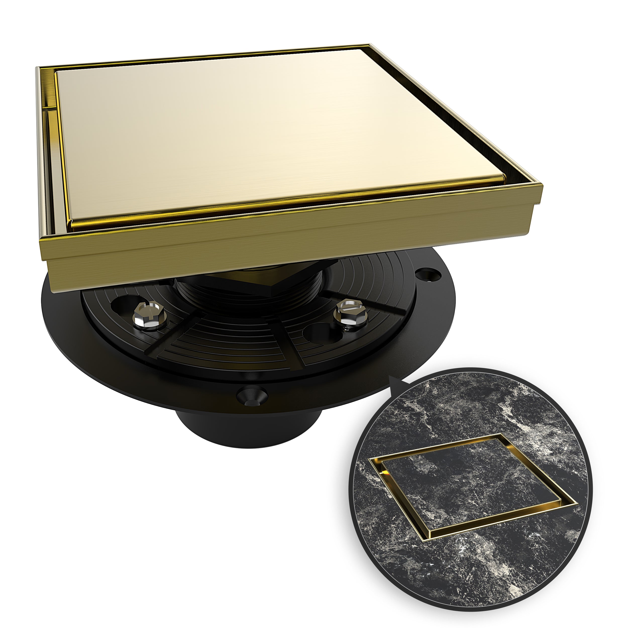 WEBANG 6 Inch Reversible 2-in-1 Tile-In Square Shower Drain With Flange, Brushed Gold