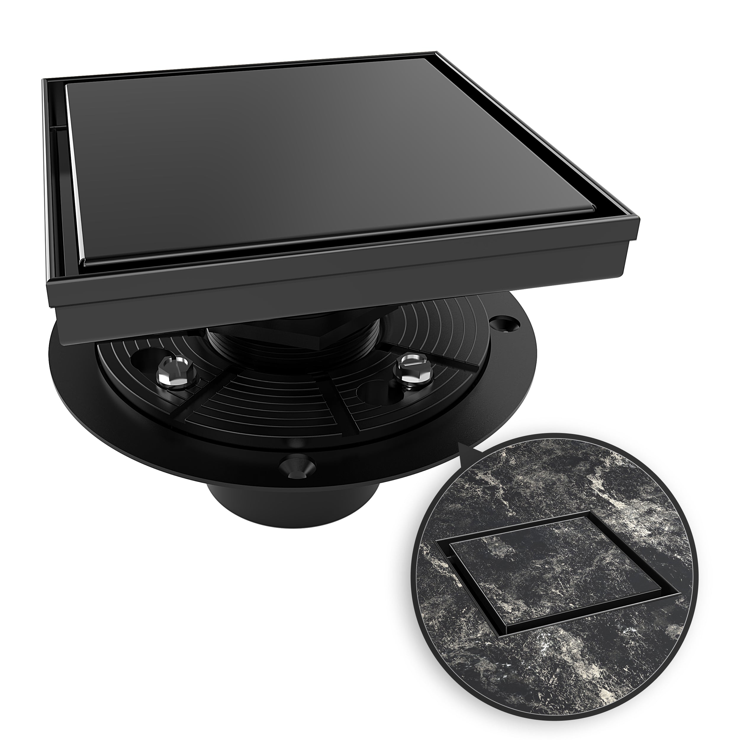 WEBANG 6 Inch Reversible 2-in-1 Tile-In Square Shower Drain With Flange, Matte Black