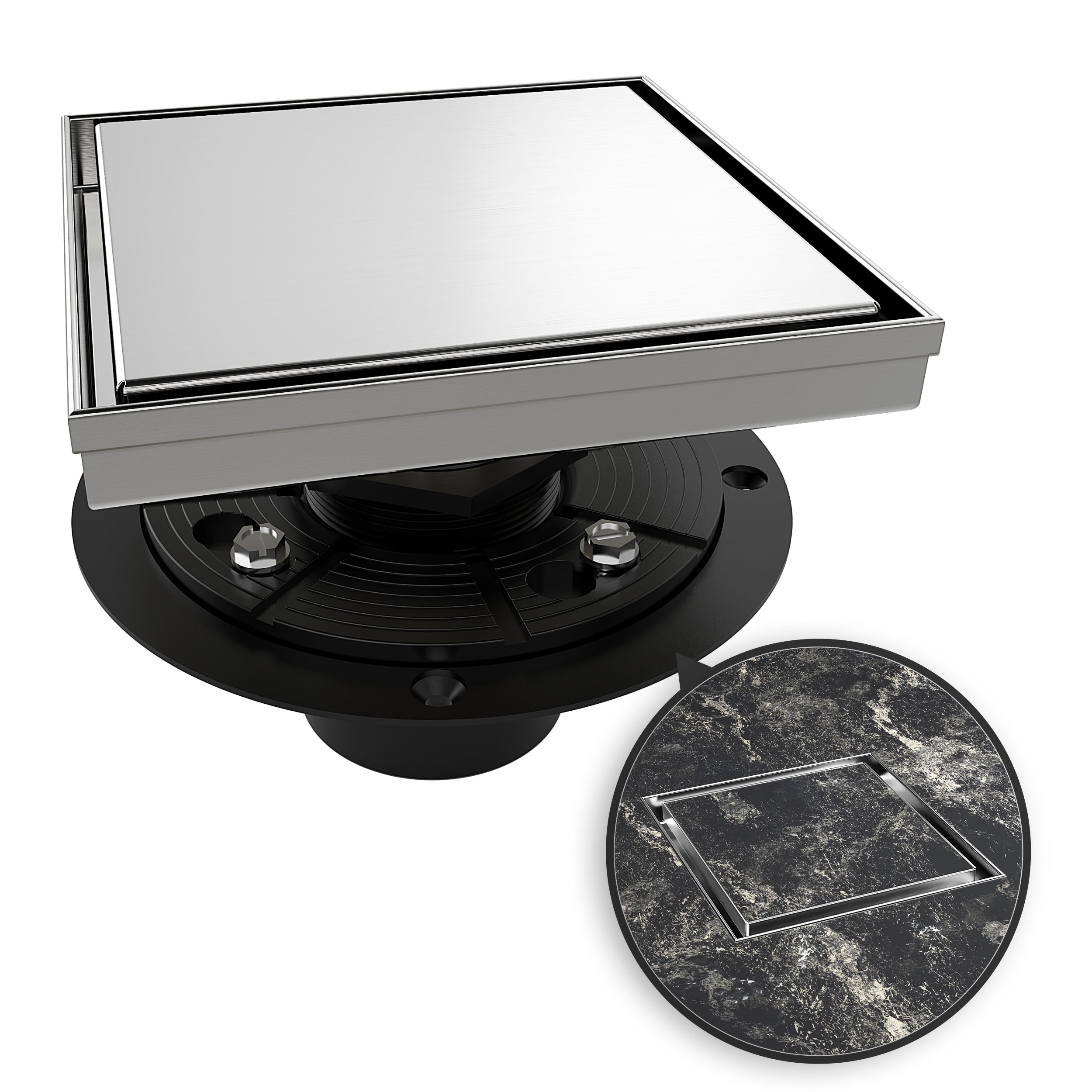 WEBANG 6 Inch Reversible 2-in-1 Tile-In Square Shower Drain With Flange, Brushed Stainless Steel