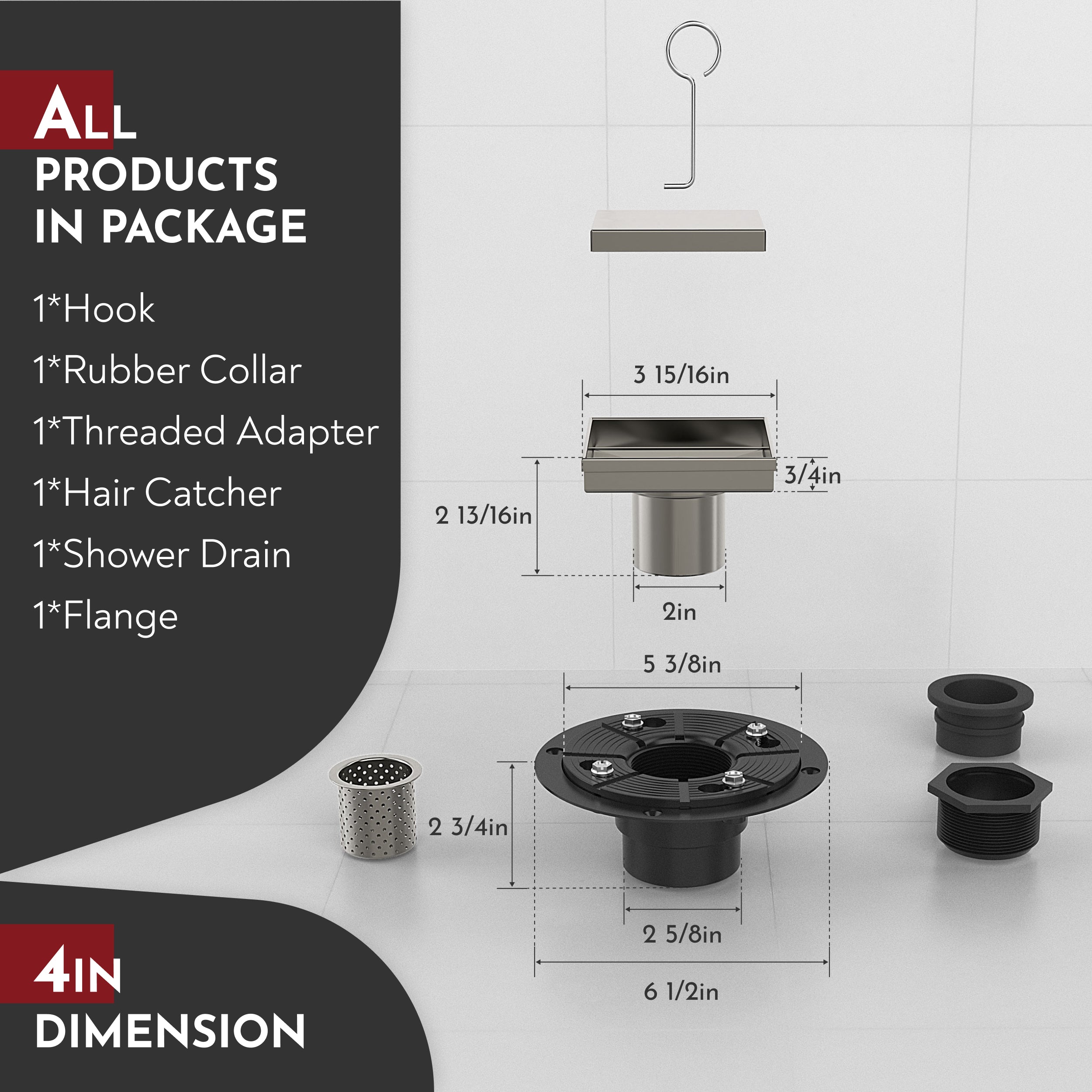 WEBANG 4 Inch Reversible 2-in-1 Tile-In Square Shower Drain With Flange, Brushed Nickel