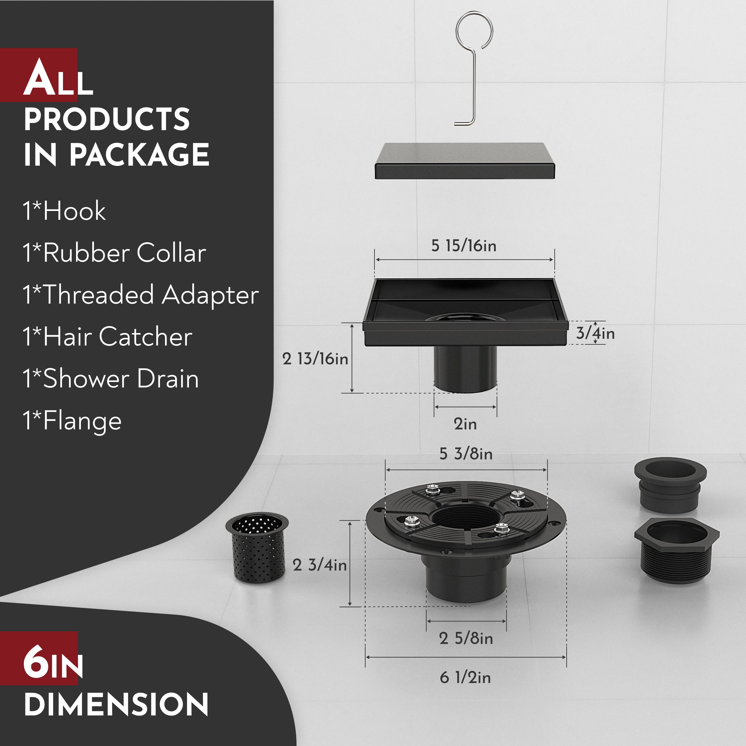 WEBANG 6 Inch Reversible 2-in-1 Tile-In Square Shower Drain With Flange, Matte Black