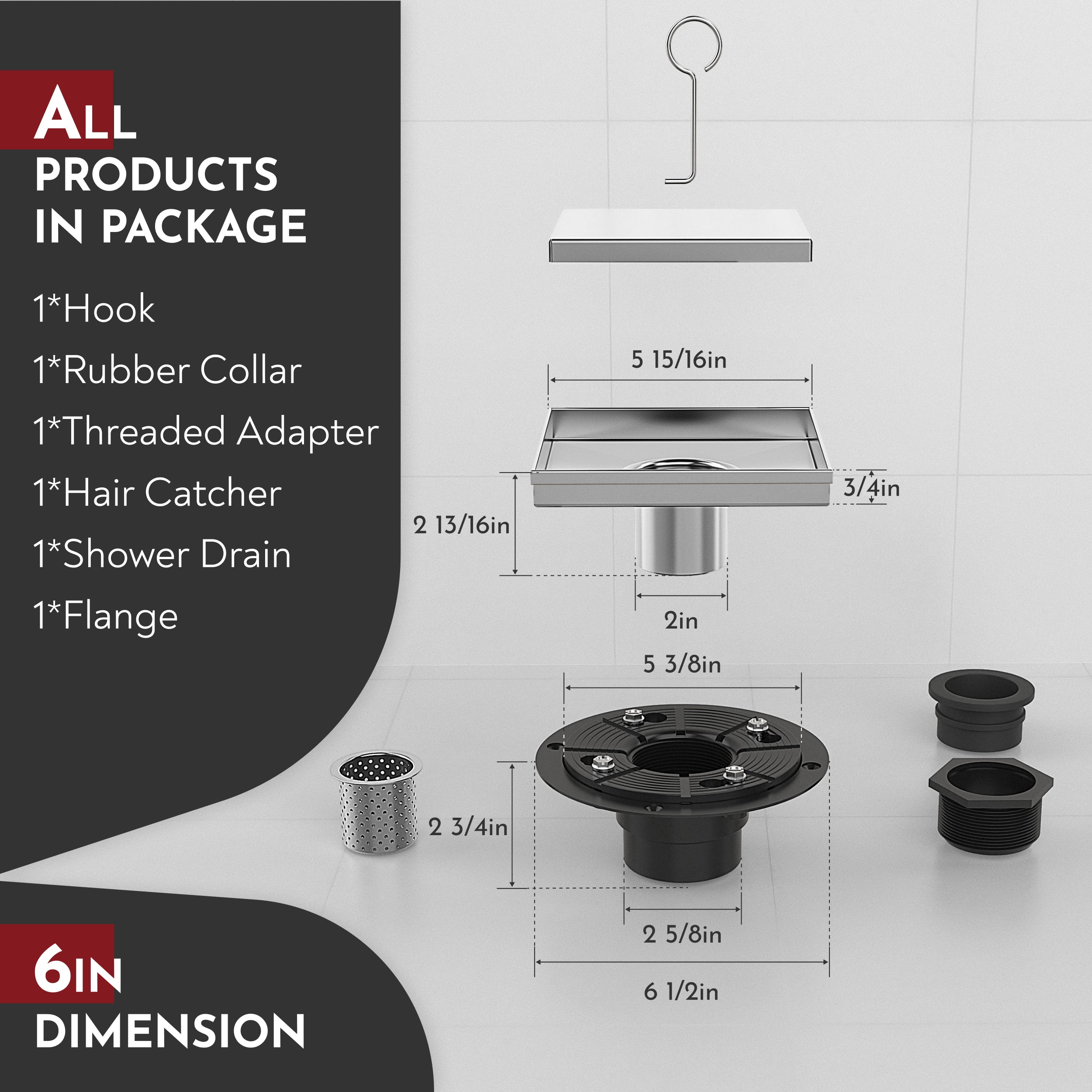 WEBANG 6 Inch Reversible 2-in-1 Tile-In Square Shower Drain With Flange, Brushed Stainless Steel