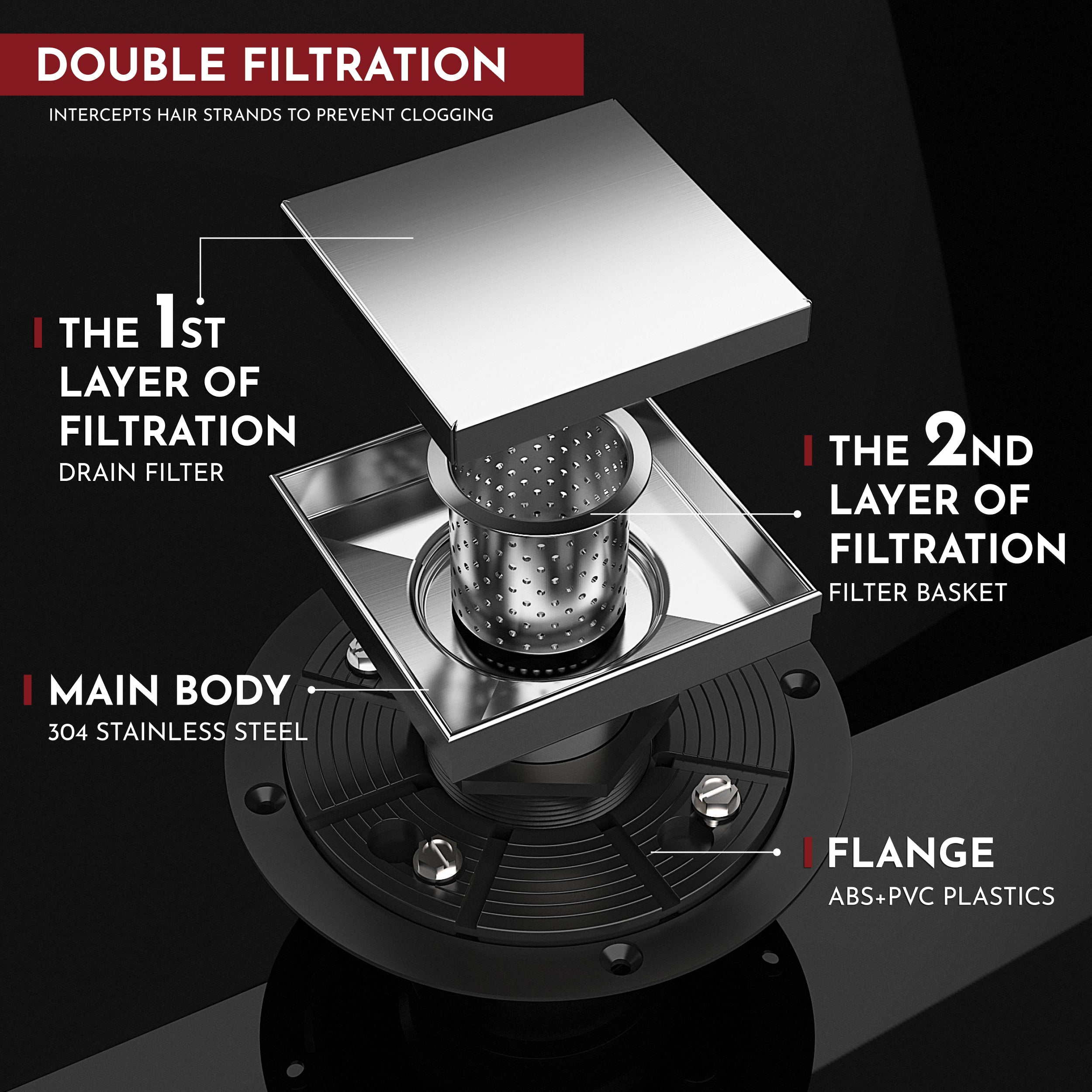 WEBANG 4 Inch Reversible 2-in-1 Tile-In Square Shower Drain With Flange, Brushed Stainless Steel