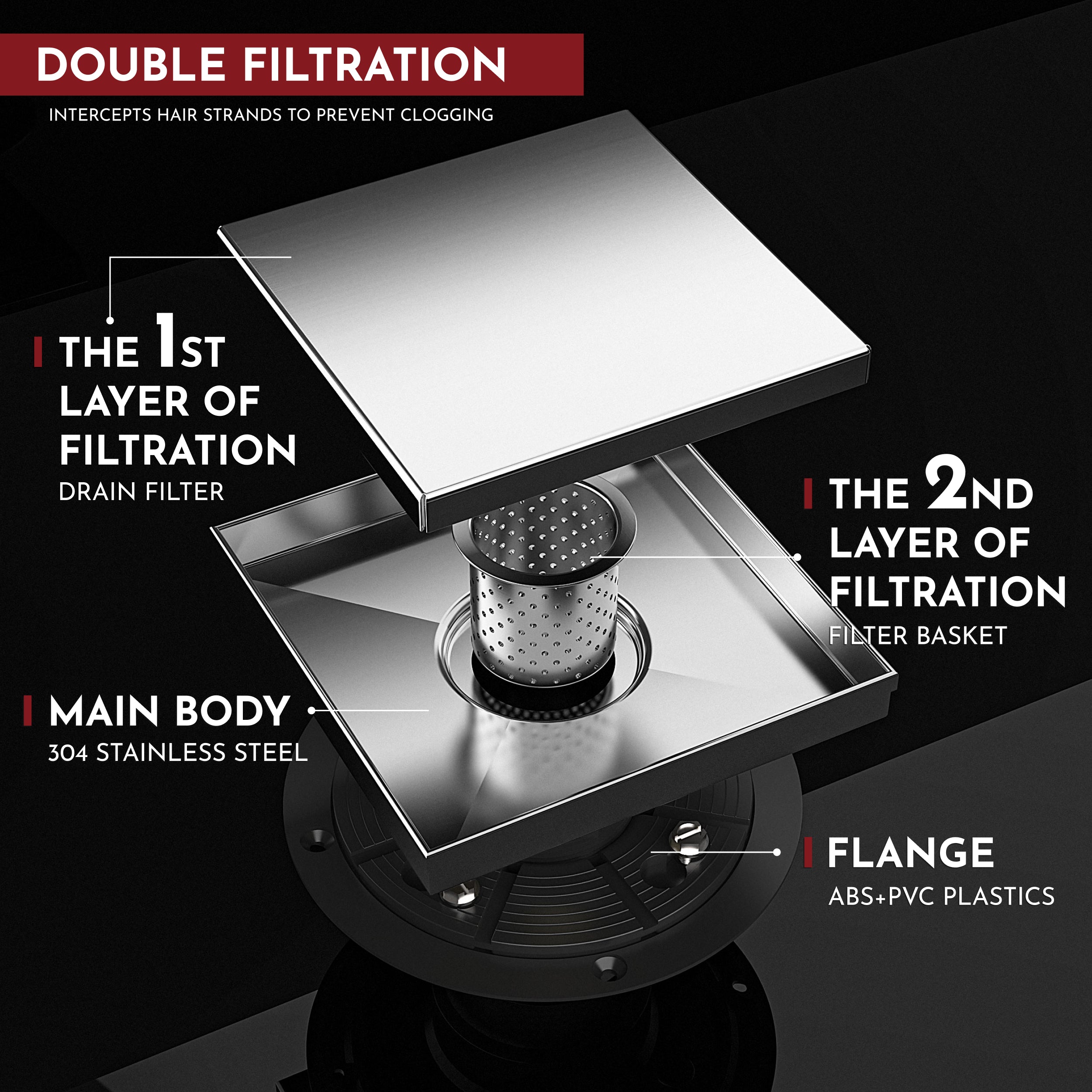 WEBANG 6 Inch Reversible 2-in-1 Tile-In Square Shower Drain With Flange, Brushed Stainless Steel