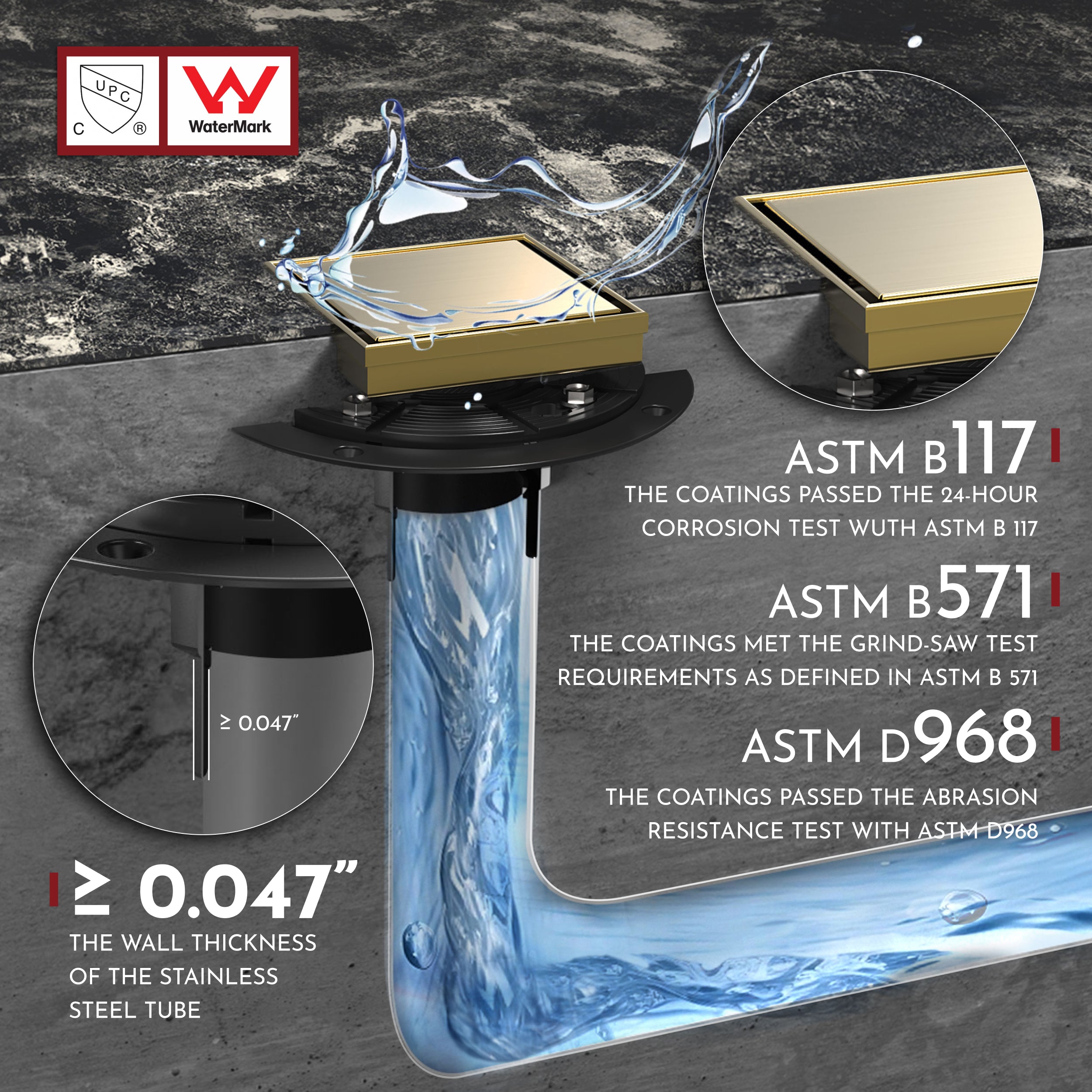 WEBANG 4 Inch Reversible 2-in-1 Tile-In Square Shower Drain With Flange, Brushed Gold