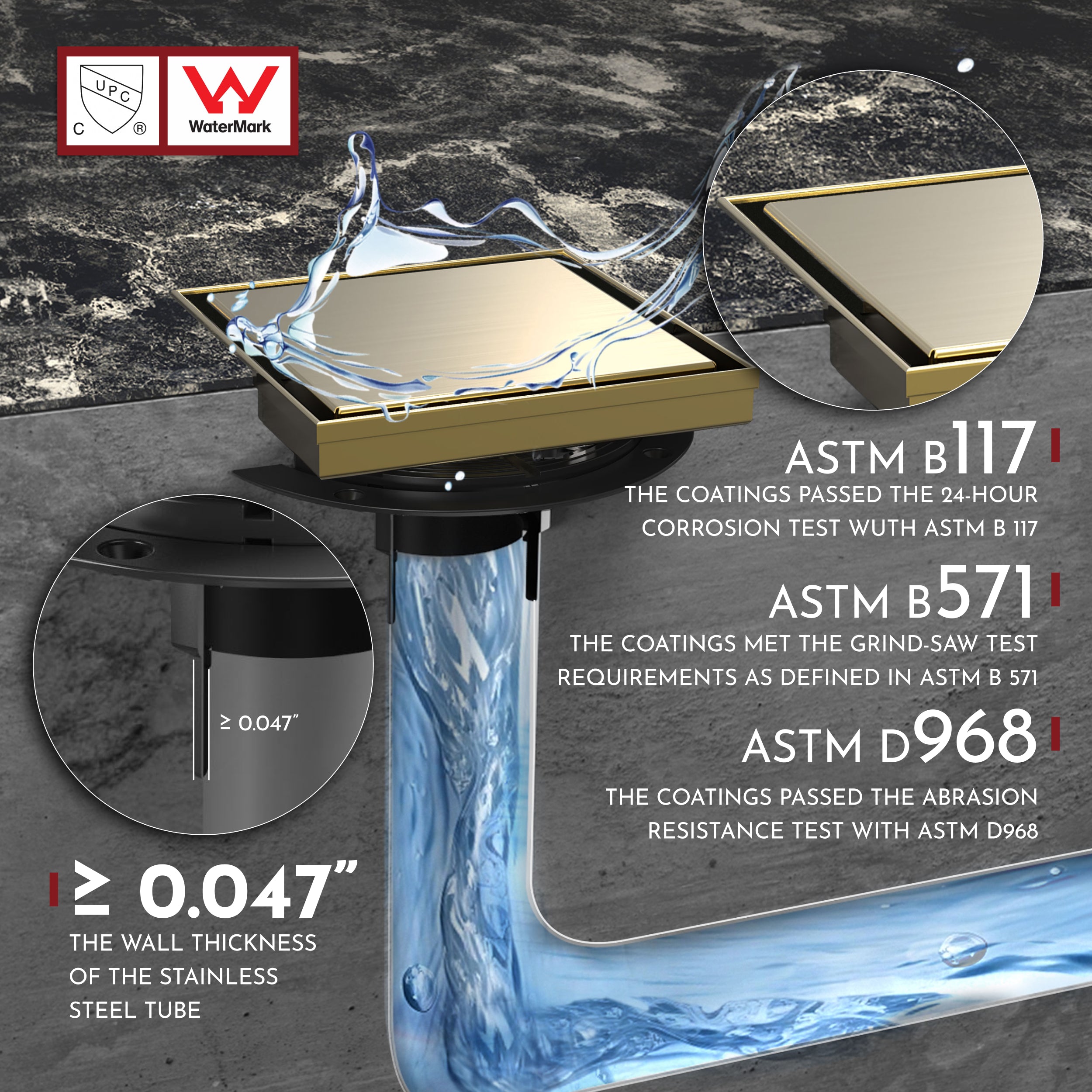 WEBANG 6 Inch Reversible 2-in-1 Tile-In Square Shower Drain With Flange, Brushed Gold