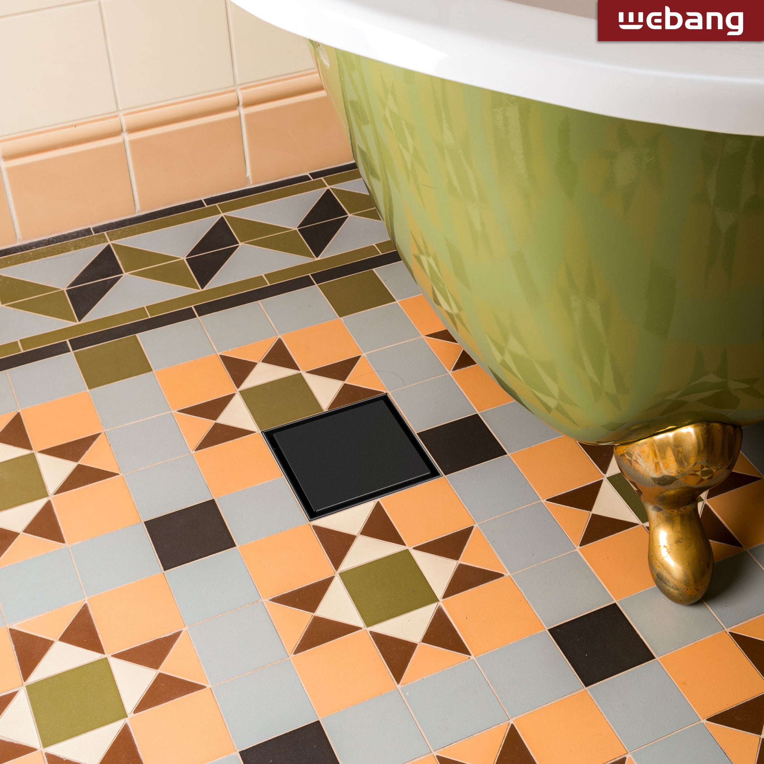 WEBANG 4 Inch Reversible 2-in-1 Tile-In Square Shower Drain With Flange, Matte Black