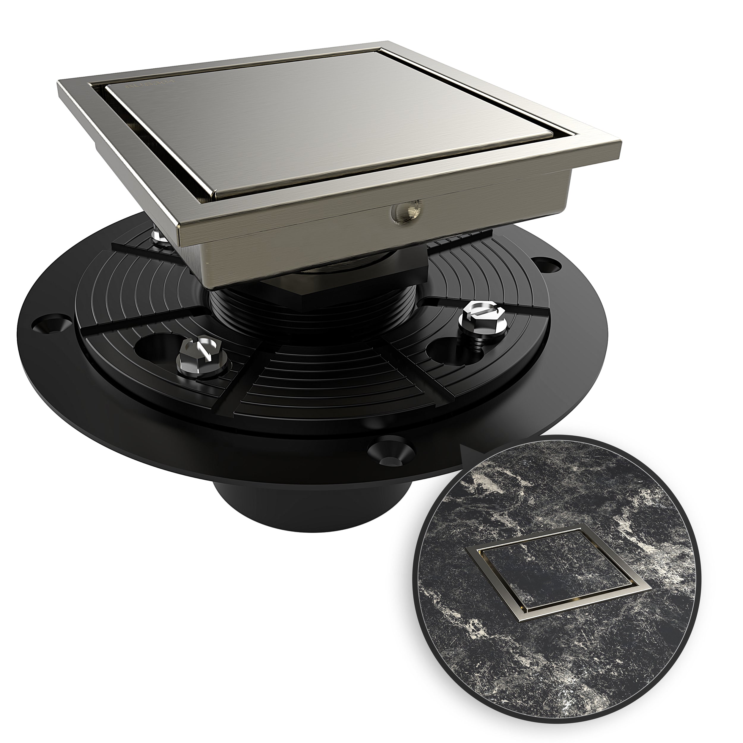 WEBANG 4 Inch Wide Frame Reversible 2-in-1 Tile-In Square Shower Drain With Flange, Brushed Nickel