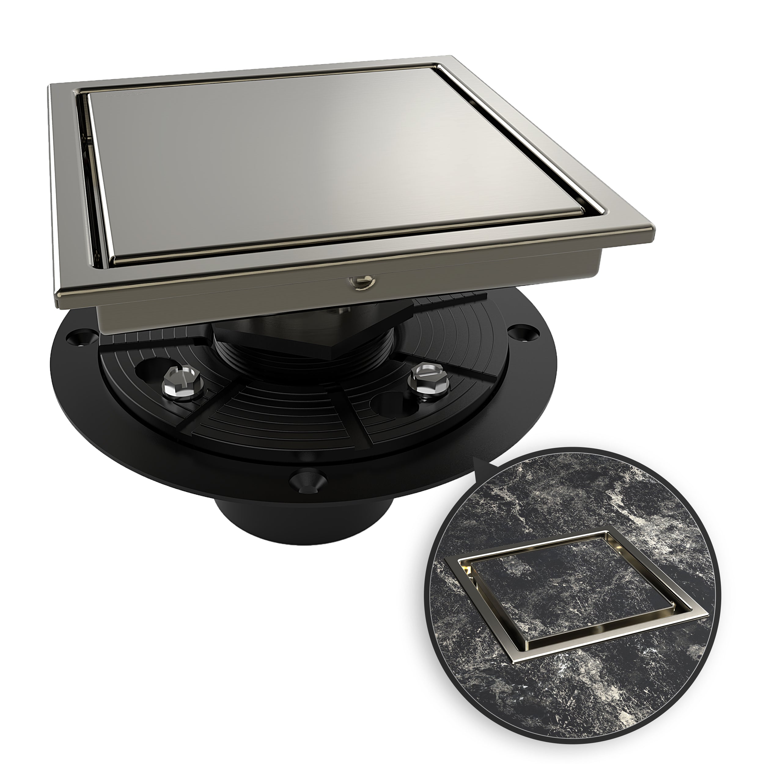 WEBANG 6 Inch Wide Frame Reversible 2-in-1 Tile-In Square Shower Drain With Flange, Brushed Nickel