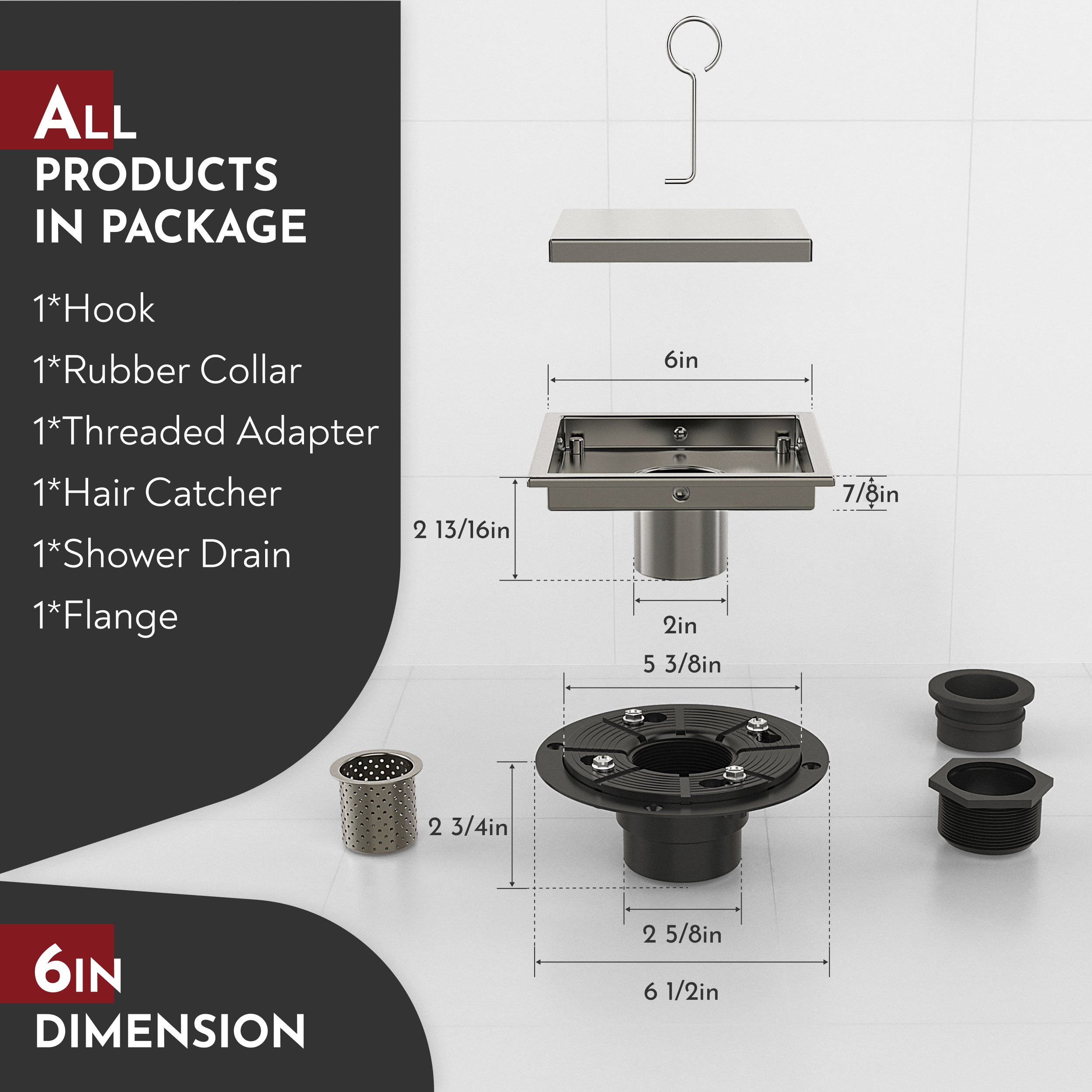 WEBANG 6 Inch Wide Frame Reversible 2-in-1 Tile-In Square Shower Drain With Flange, Brushed Nickel