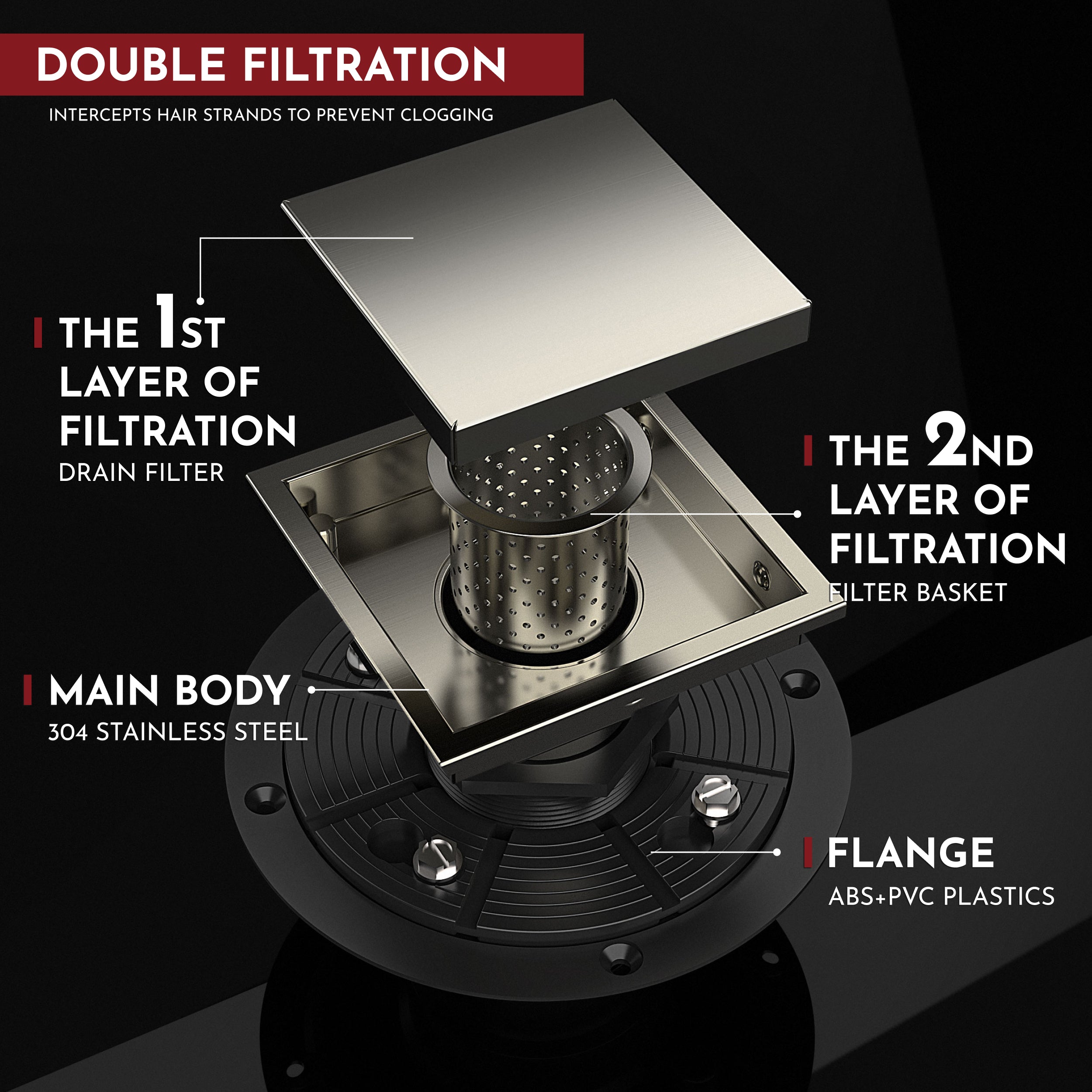 WEBANG 4 Inch Wide Frame Reversible 2-in-1 Tile-In Square Shower Drain With Flange, Brushed Nickel