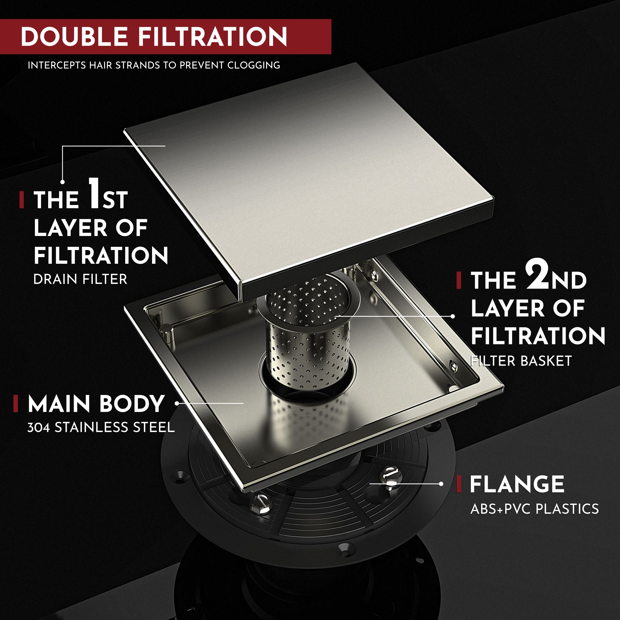 WEBANG 6 Inch Wide Frame Reversible 2-in-1 Tile-In Square Shower Drain With Flange, Brushed Nickel