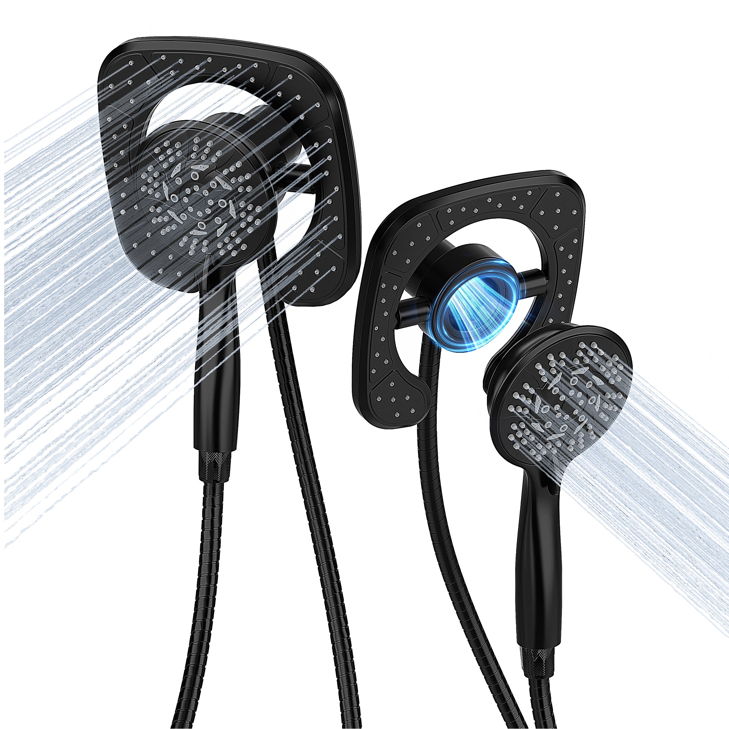 PRIMSOPH 10-Mode High Pressure Handheld and Square Rainfall Shower Head with Magnetic Docking and Stainless Steel Hose, Matte Black