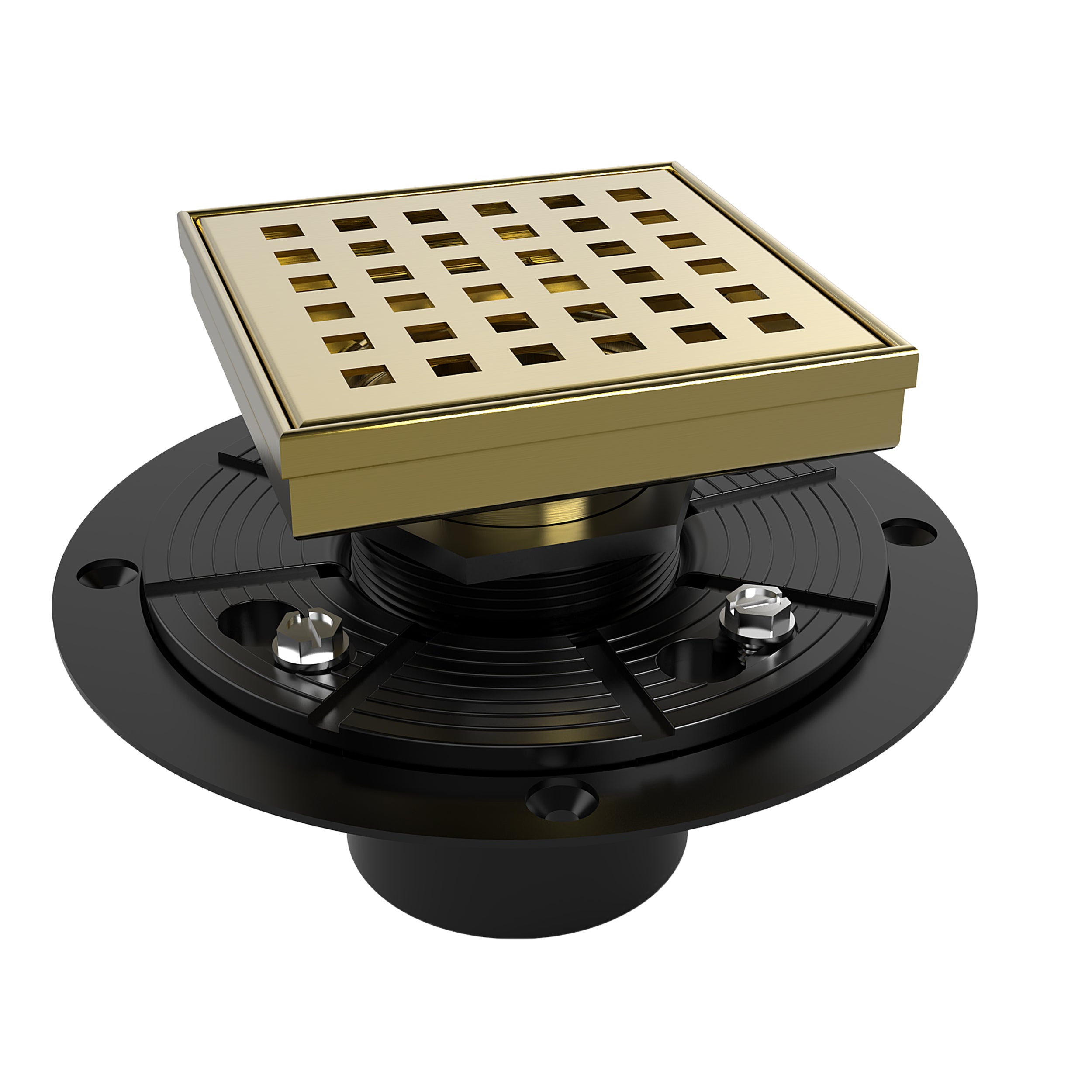 WEBANG 4 Inch Square Hole Pattern Square Shower Drain With Flange, Brushed Gold