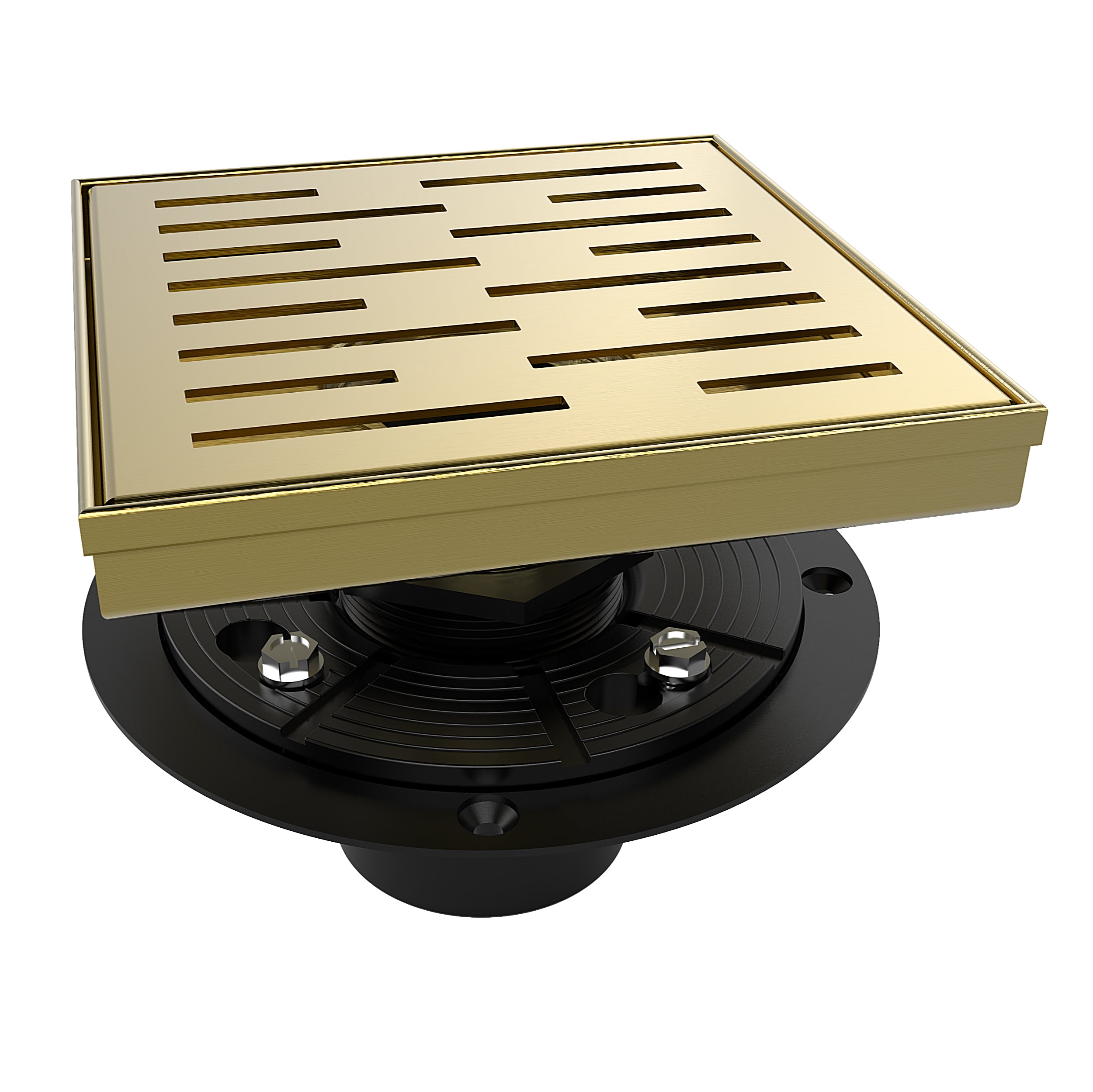 WEBANG 6 Inch Rainline Pattern Square Shower Drain With Flange, Brushed Gold