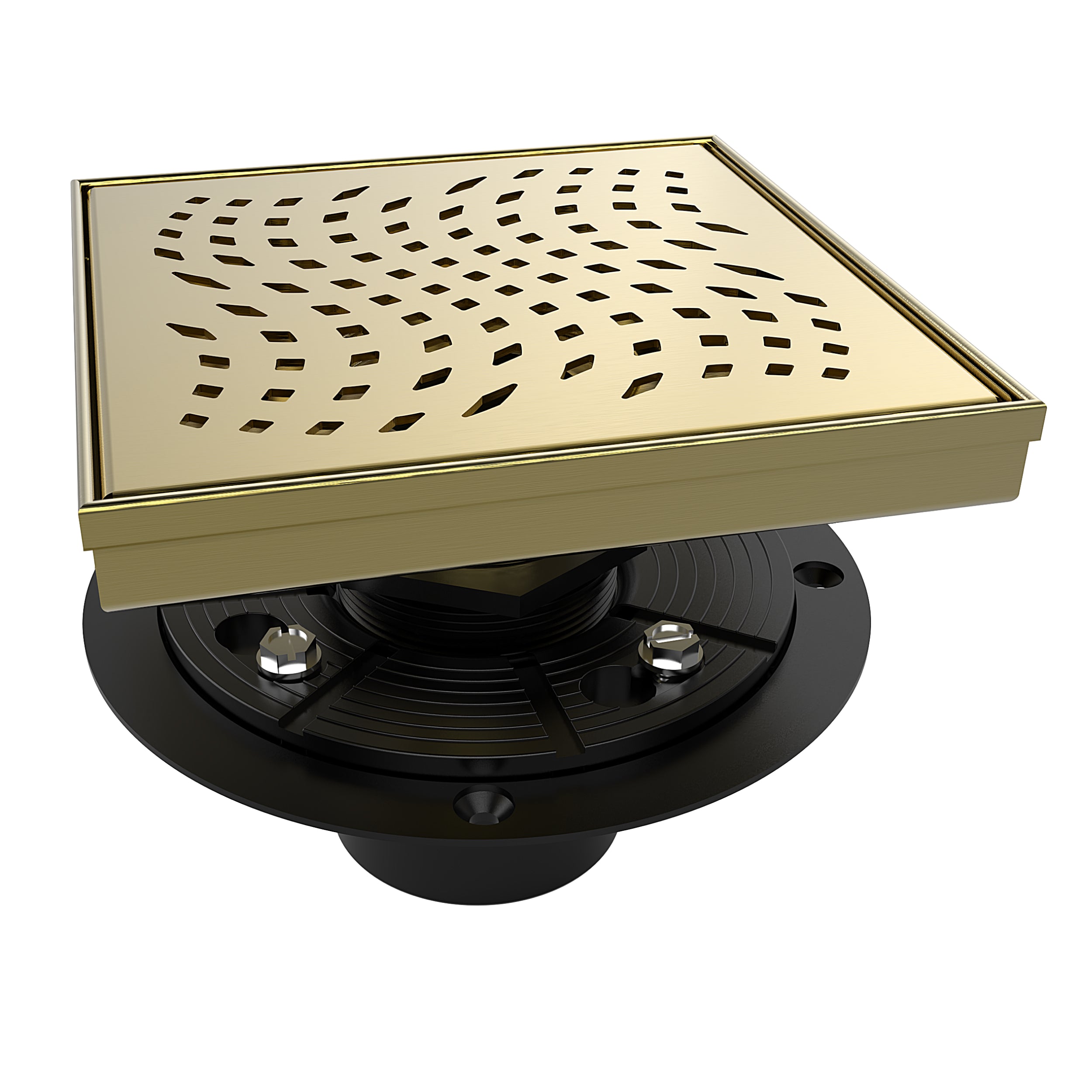 WEBANG 6 Inch Wave-Hole Pattern Square Shower Drain With Flange, Brushed Gold