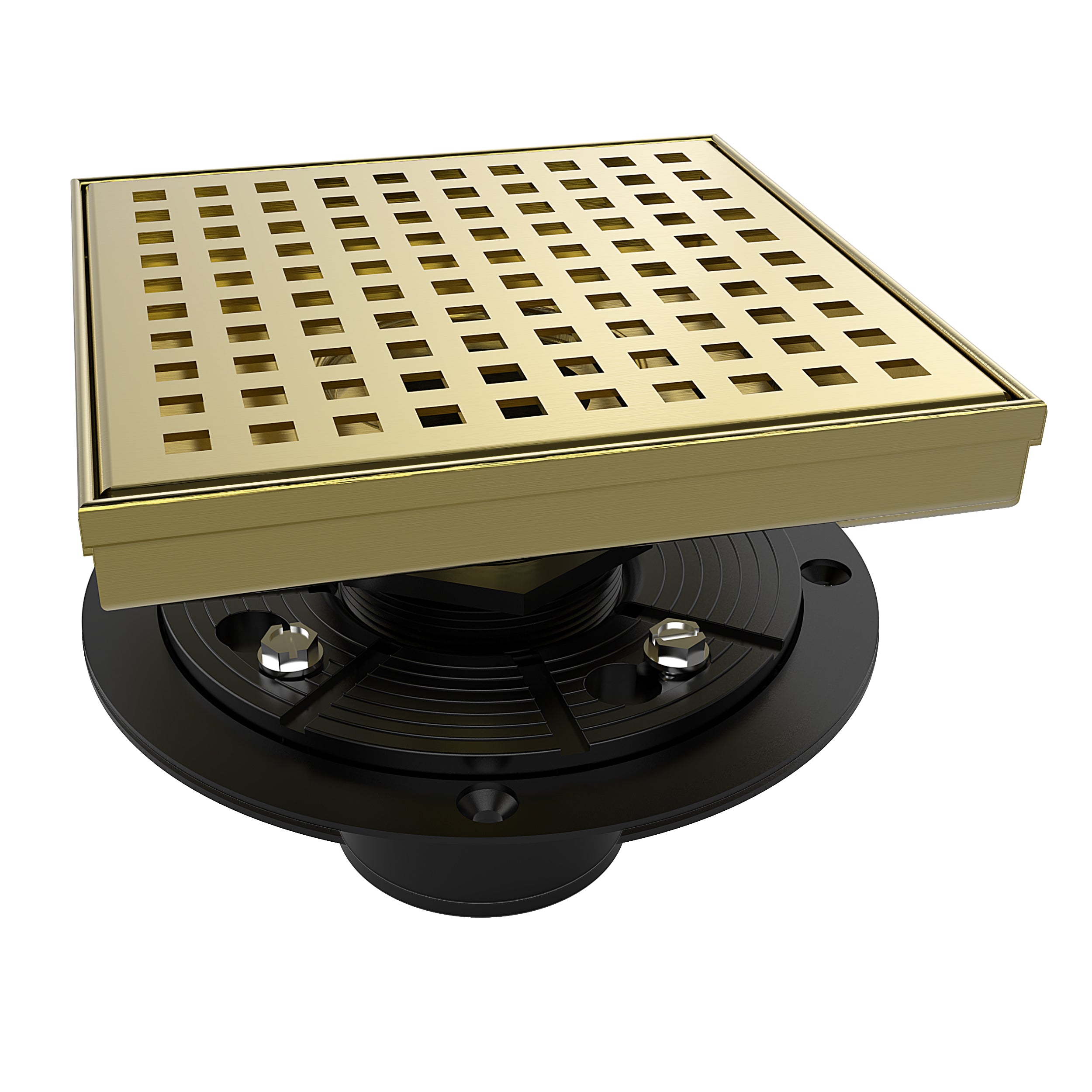 WEBANG 6 Inch Square Hole Pattern Square Shower Drain With Flange, Brushed Gold