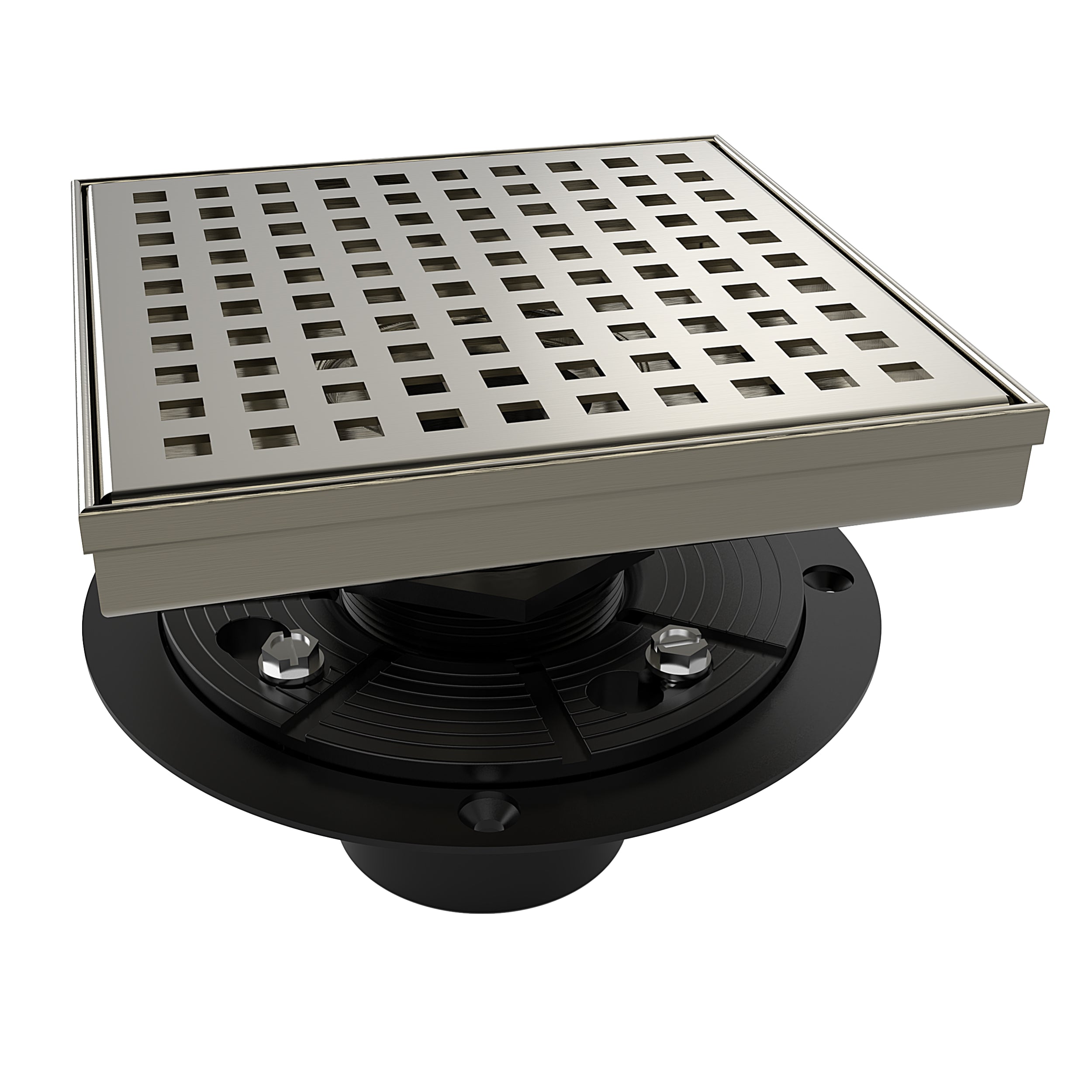 WEBANG 6 Inch Square Hole Pattern Square Shower Drain With Flange, Brushed Nickel