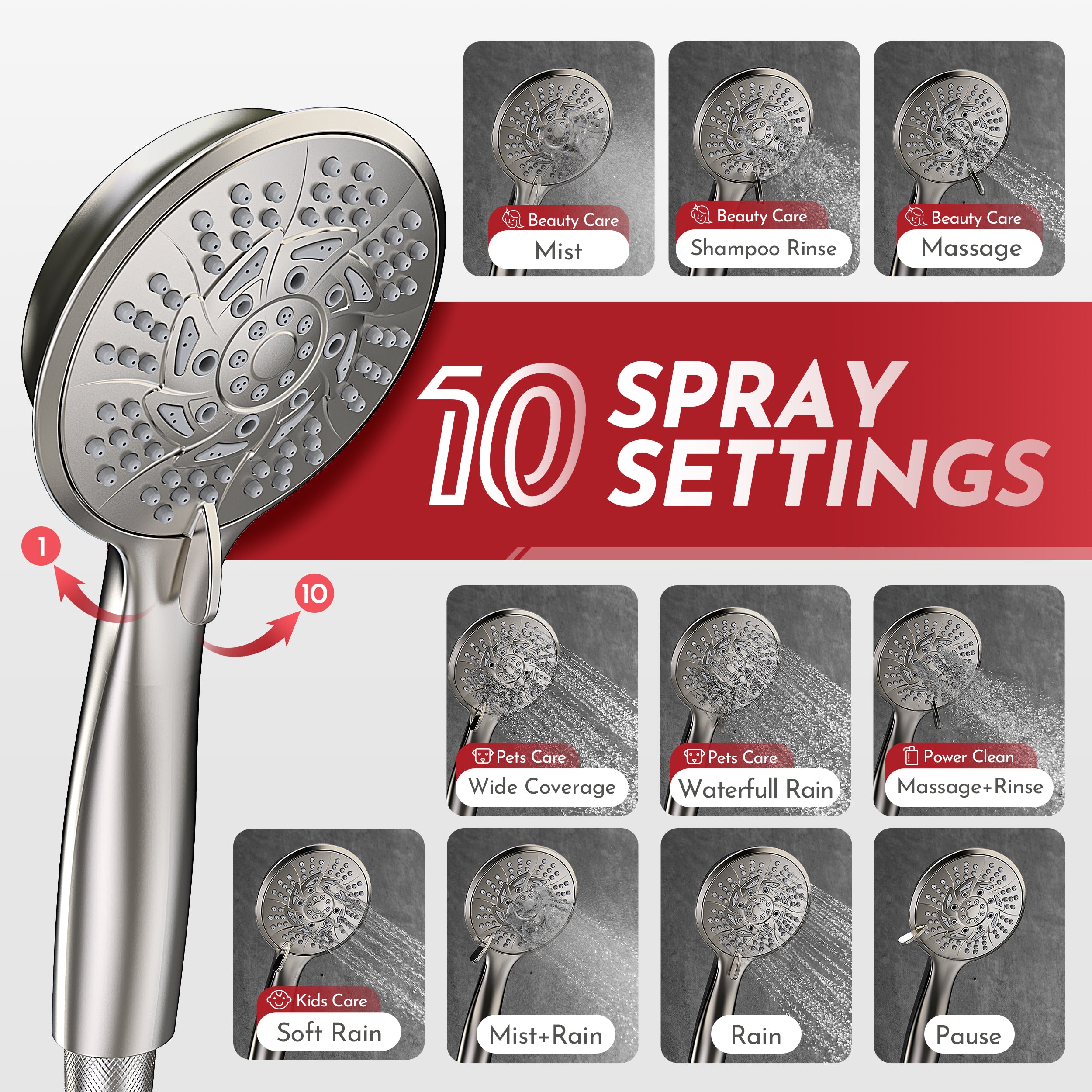 PRIMSOPH 10-Mode High Pressure Handheld and Round Rainfall Shower Head with Magnetic Docking and Stainless Steel Hose, Brushed Nickel