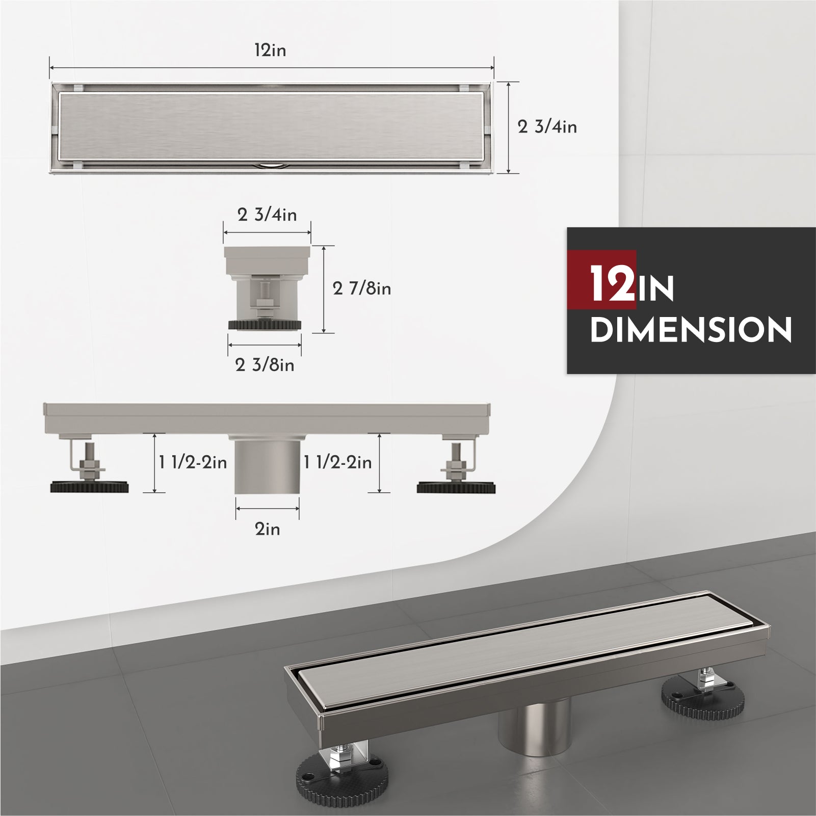 WEBANG 12 Inch Reversible 2-in-1 Linear Shower Drain With Accessories, Brushed Nickel