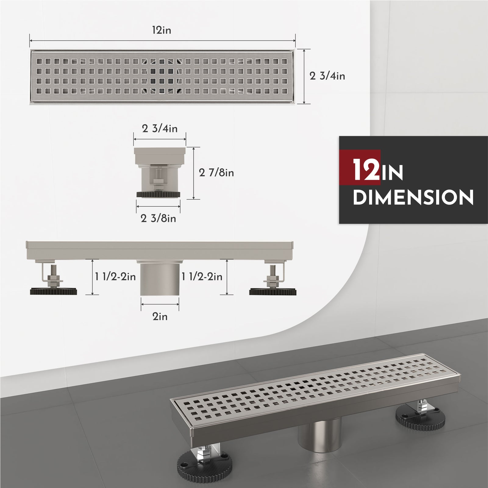 WEBANG 12 Inch Square Hole Pattern Linear Shower Drain With Accessories, Brushed Nickel