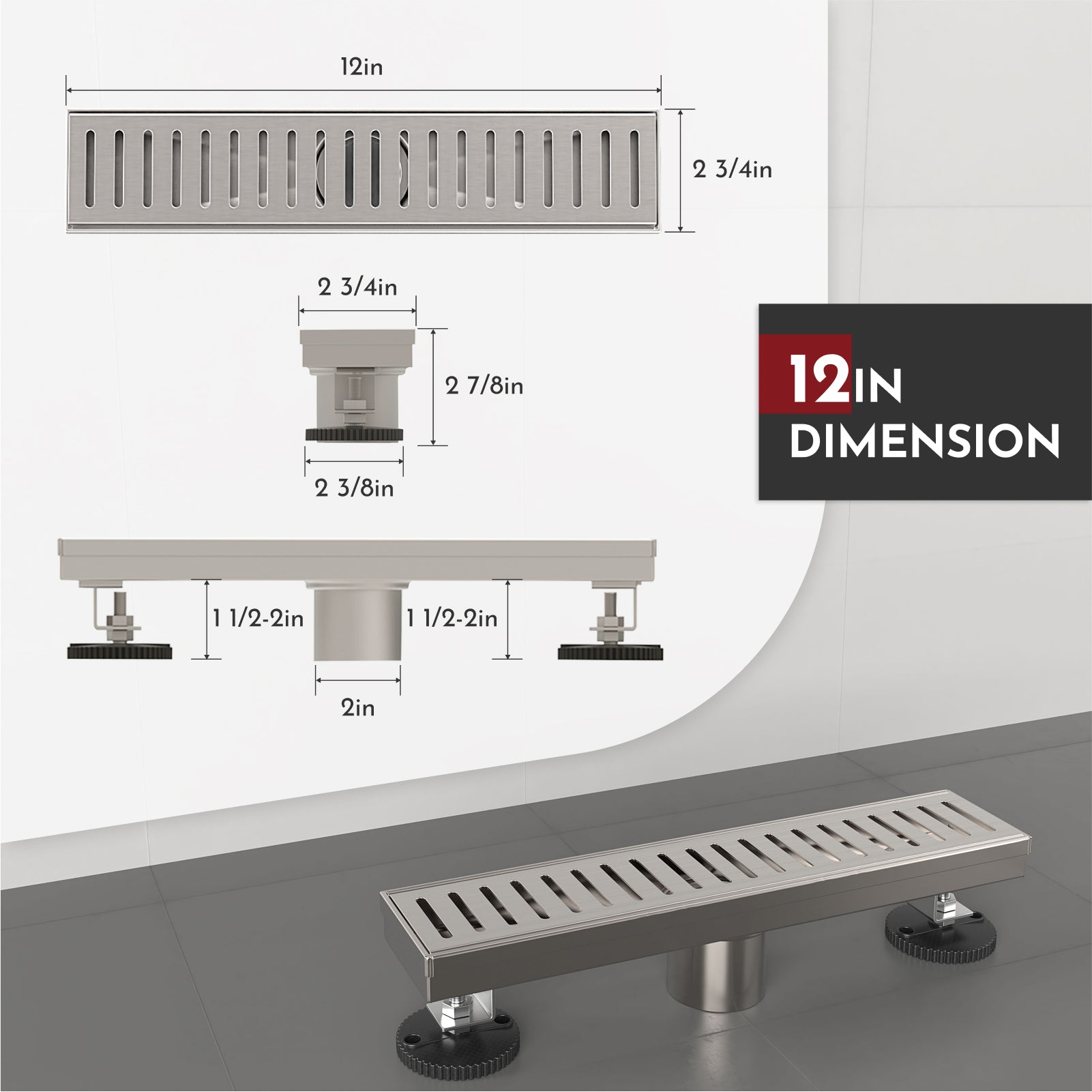 WEBANG 12 Inch Capsule Pattern Linear Shower Drain With Accessories, Brushed Nickel
