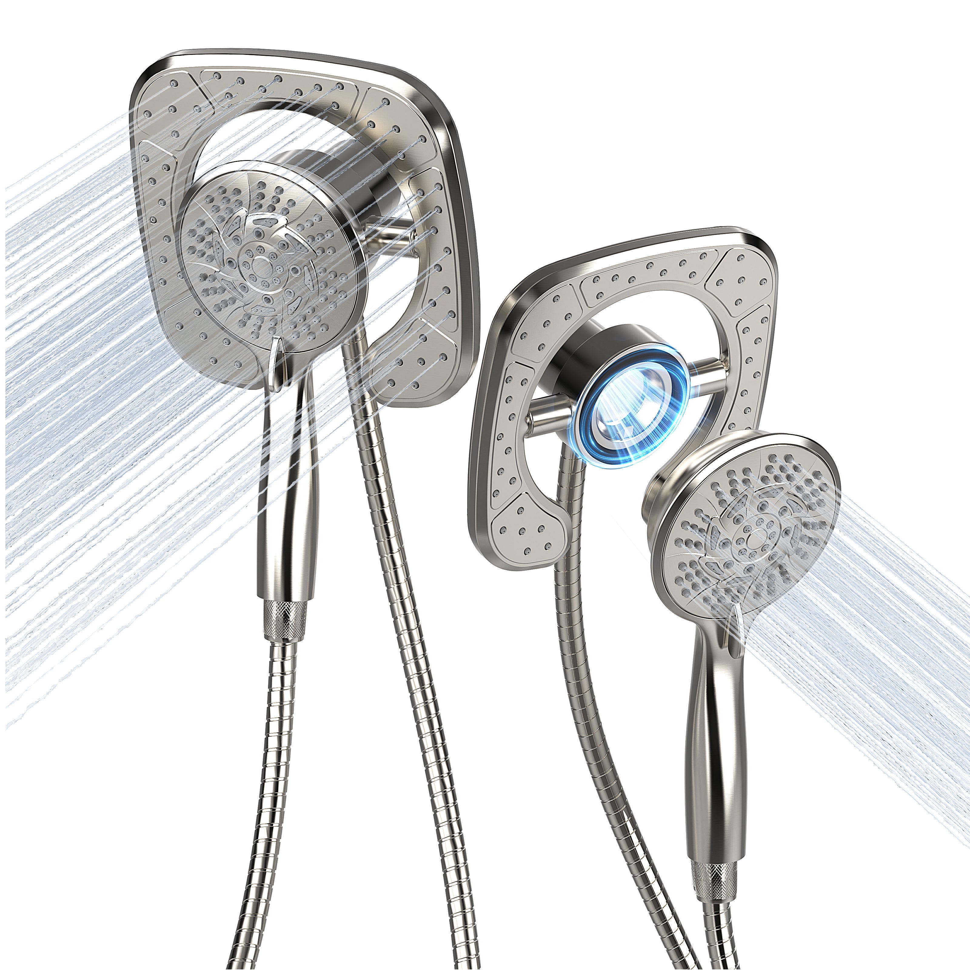 PRIMSOPH 10-Mode High Pressure Handheld and Square Rainfall Shower Head with Magnetic Docking and Stainless Steel Hose, Brushed Nickel