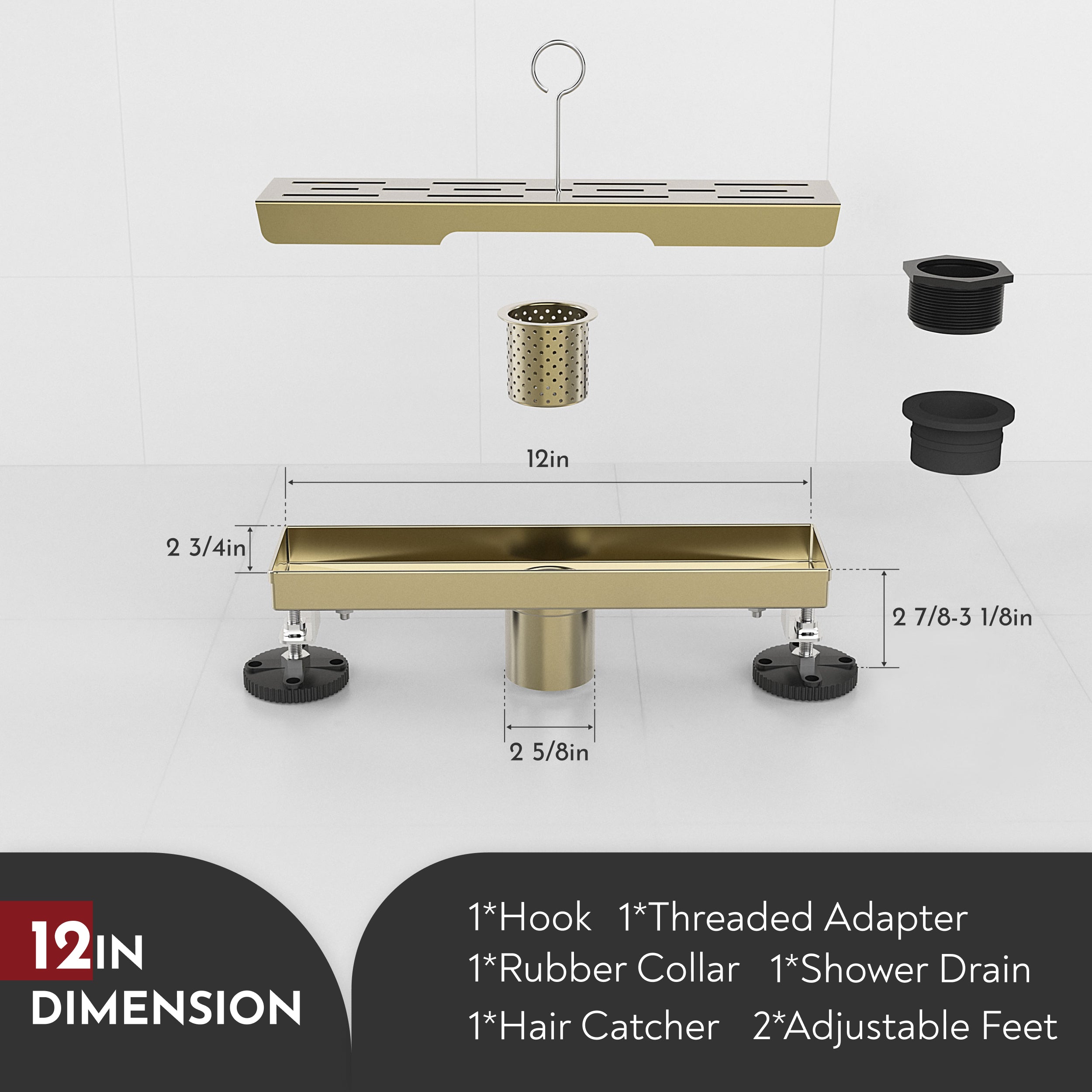 WEBANG 12 Inch Rainline Pattern Linear Shower Drain With Accessories, Brushed Gold