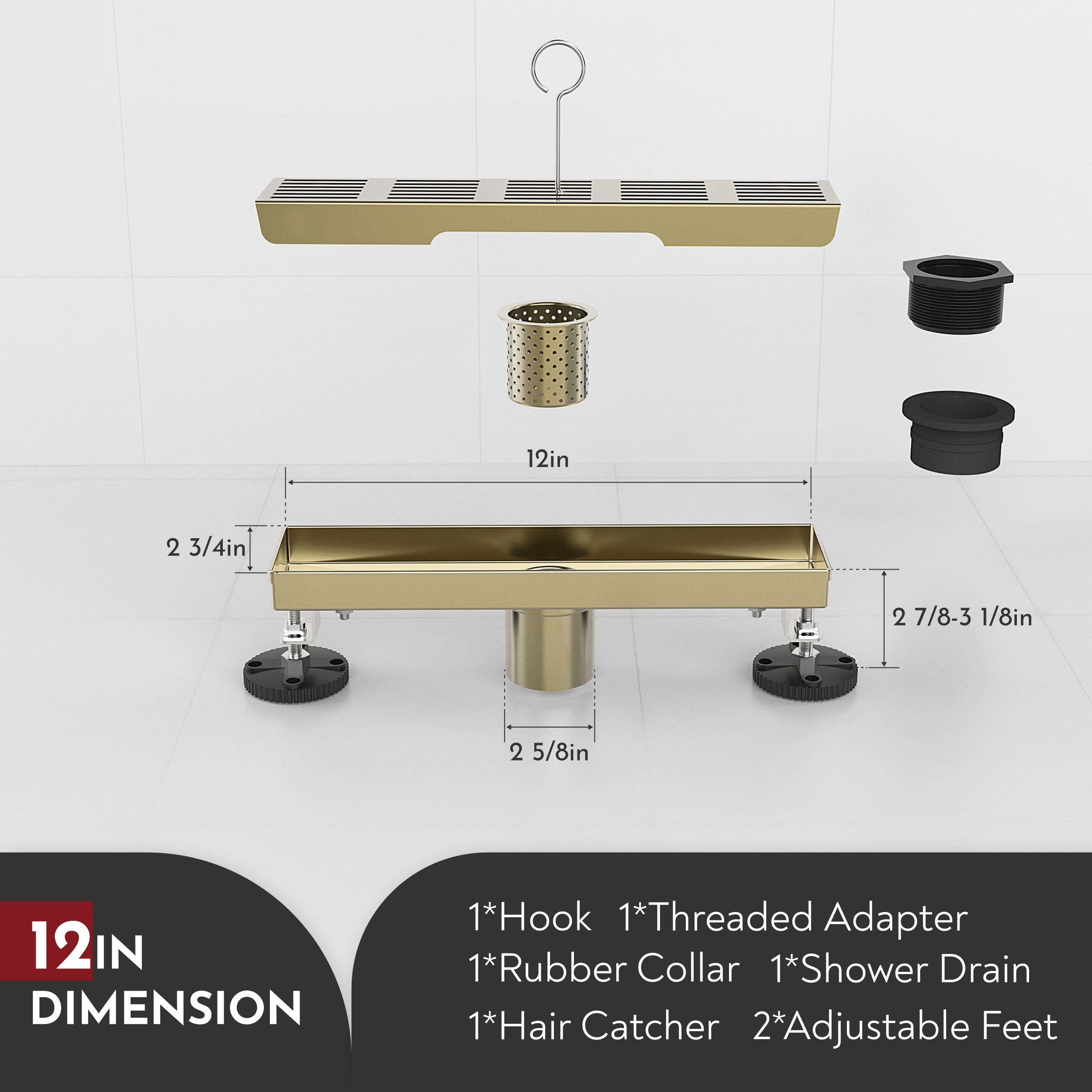 WEBANG 12 Inch Fence Pattern Linear Shower Drain With Accessories, Brushed Gold