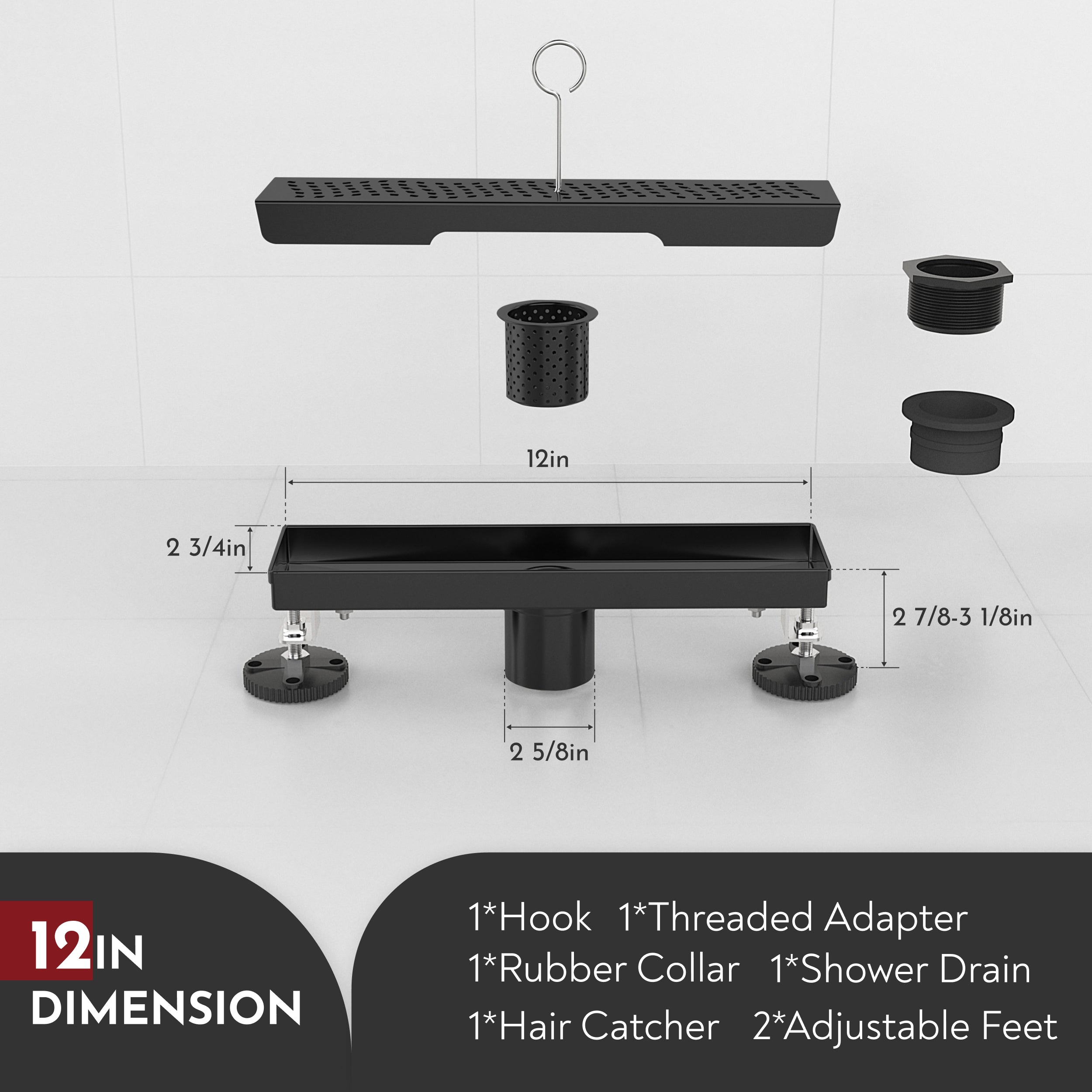 WEBANG 12 Inch Wave-Hole Pattern Linear Shower Drain With Accessories, Matte Black