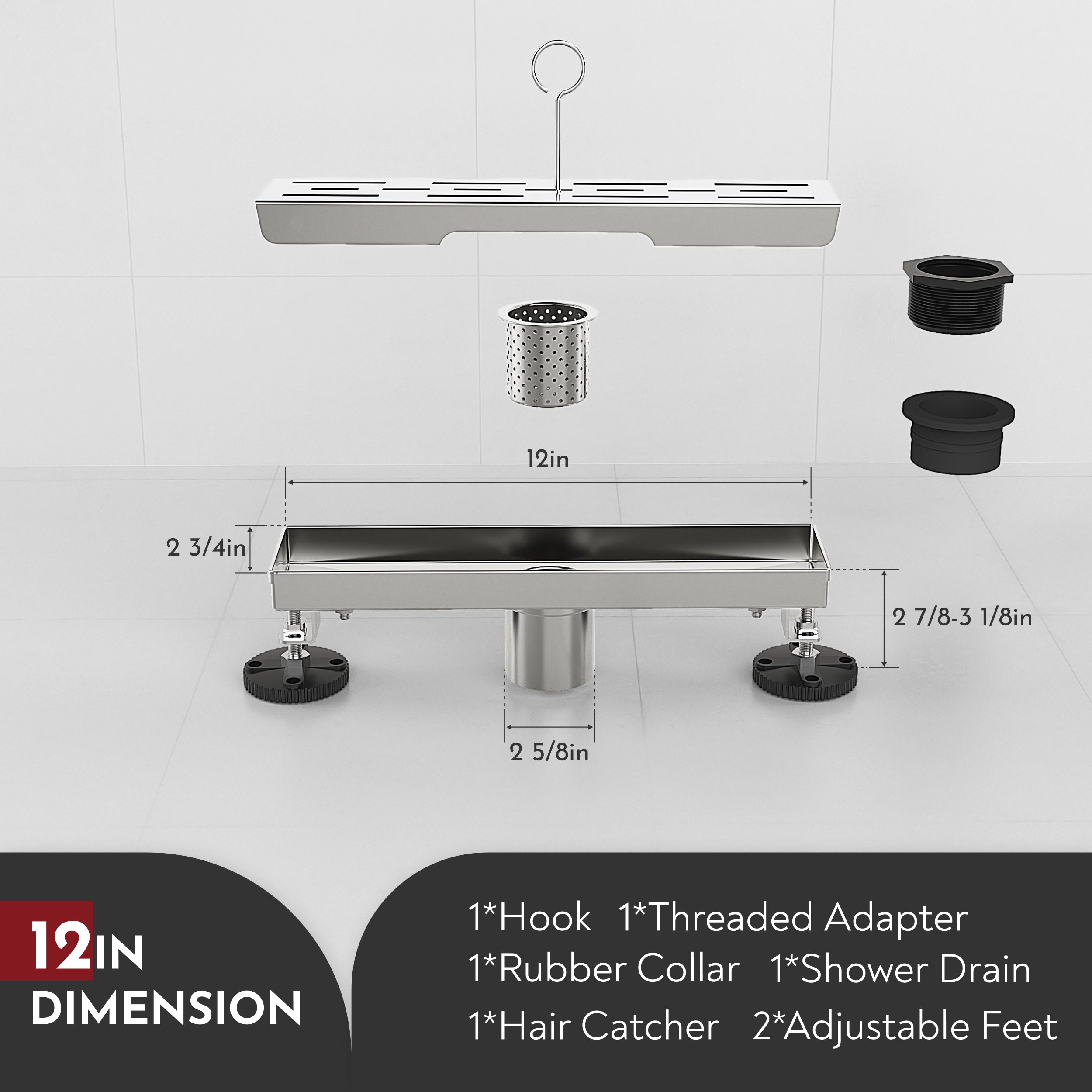 WEBANG 12 Inch Rainline Pattern Linear Shower Drain With Accessories, Brushed Stainless Steel