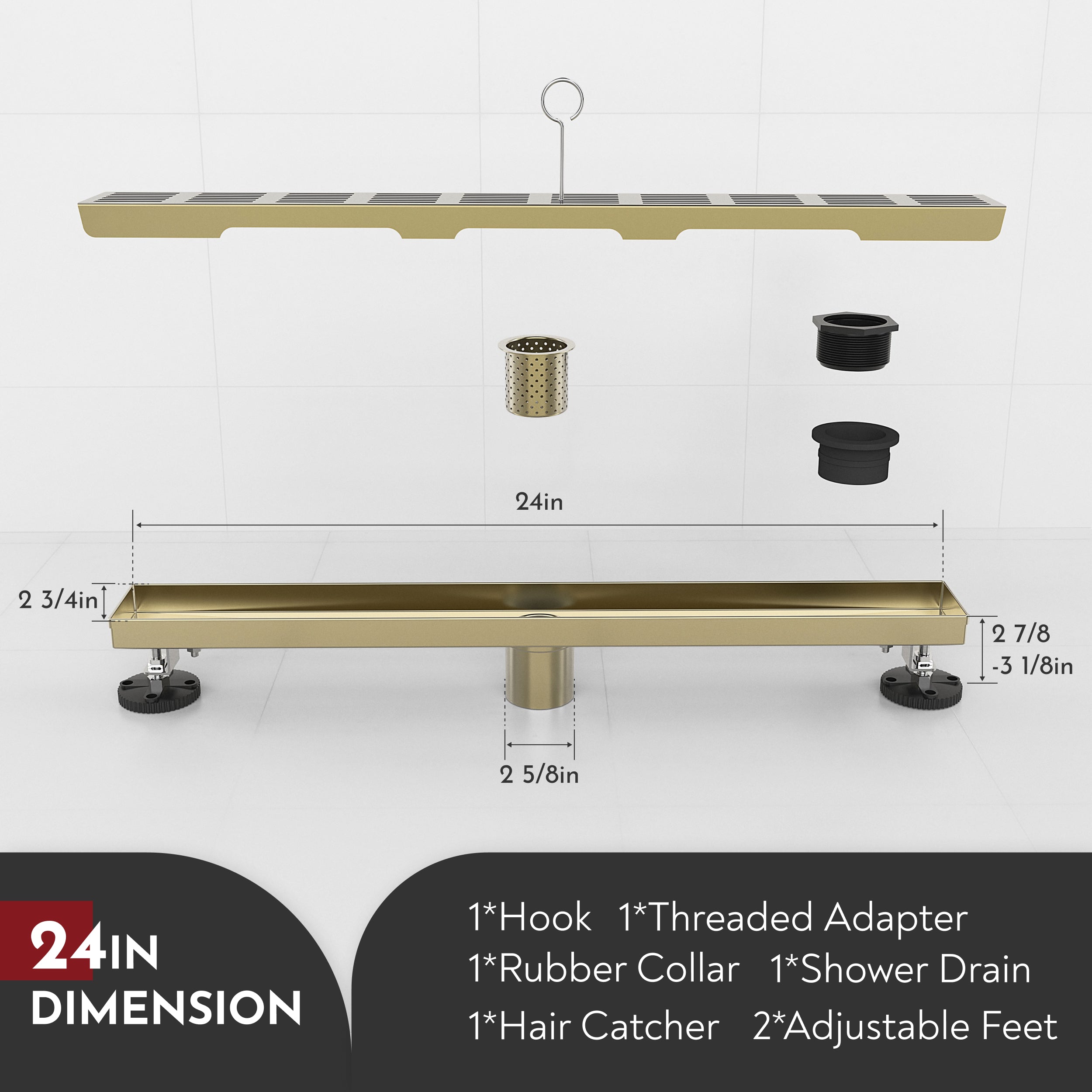 WEBANG 24 Inch Fence Pattern Linear Shower Drain With Accessories, Brushed Gold