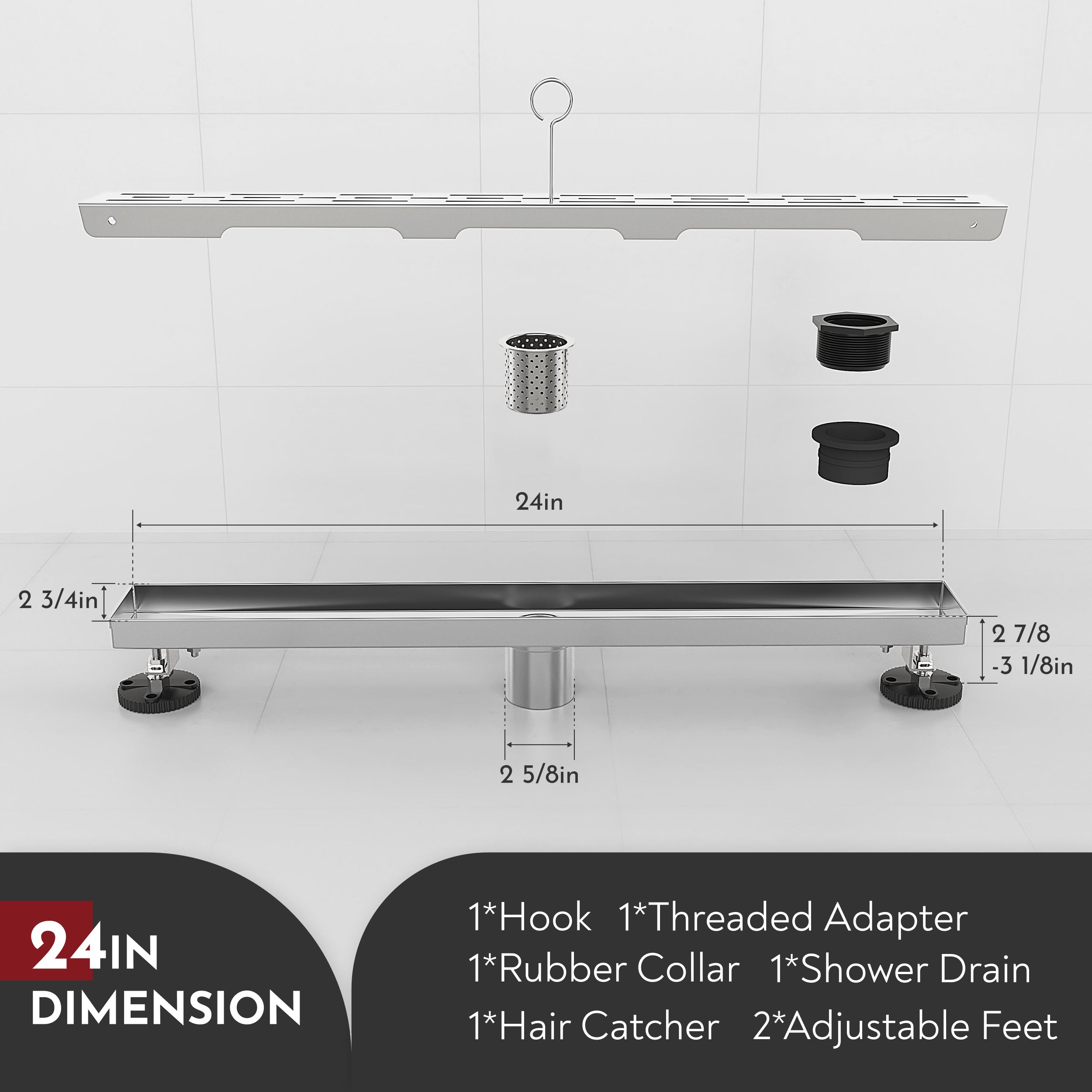 WEBANG 24 Inch Rainline Pattern Linear Shower Drain With Accessories, Brushed Stainless Steel
