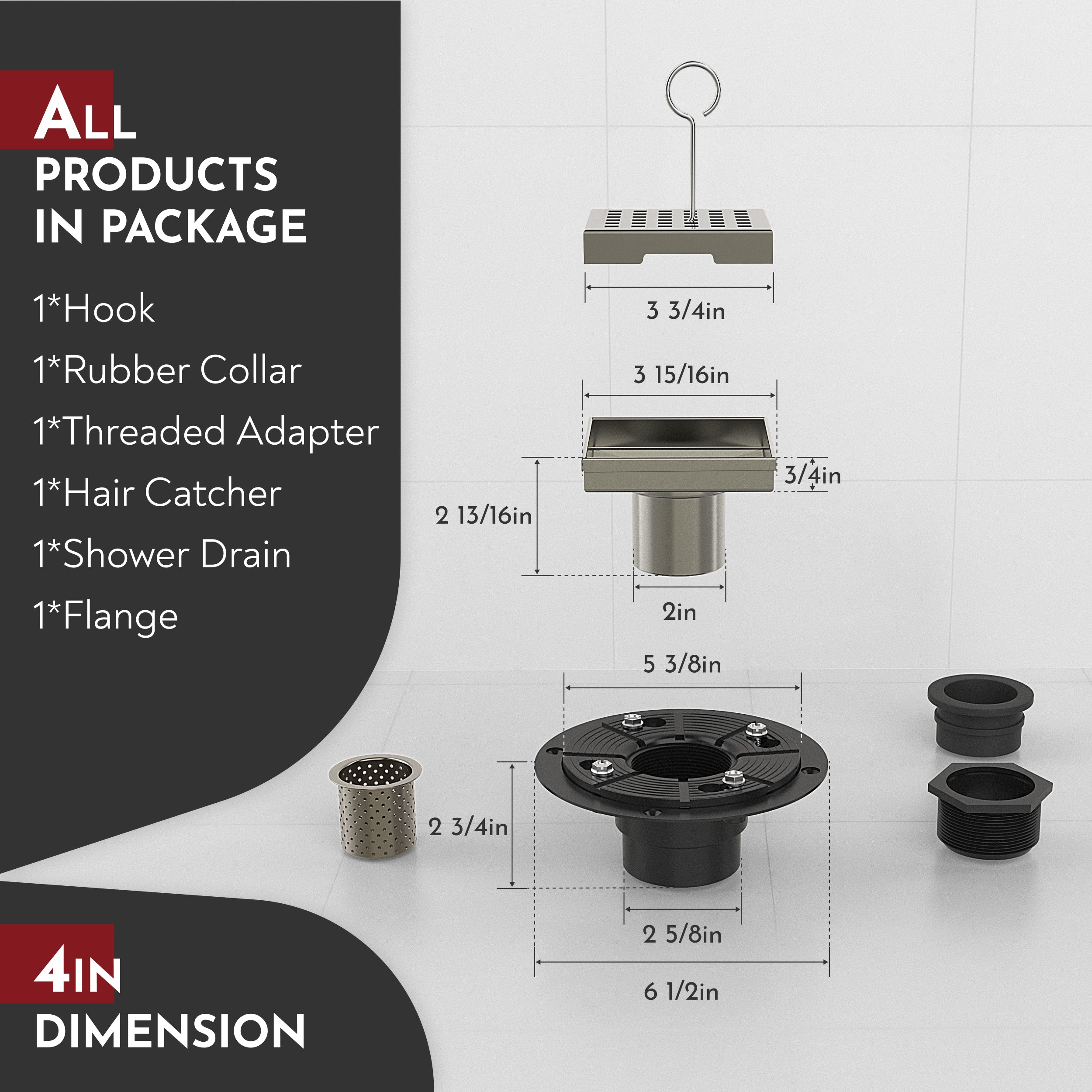 WEBANG 4 Inch Square Hole Pattern Square Shower Drain With Flange, Brushed Nickel