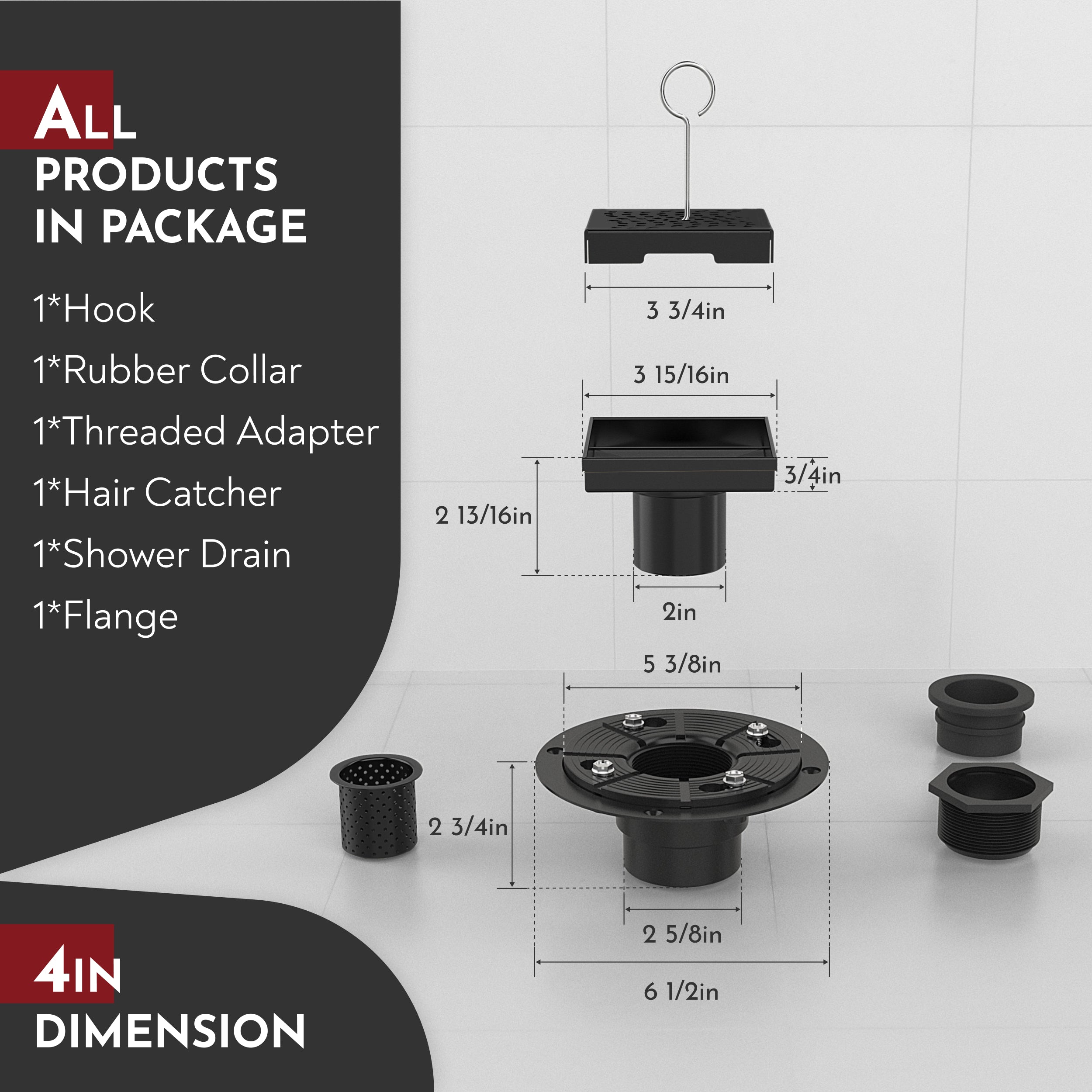 WEBANG 4 Inch Wave-Hole Pattern Square Shower Drain With Flange, Matte Black