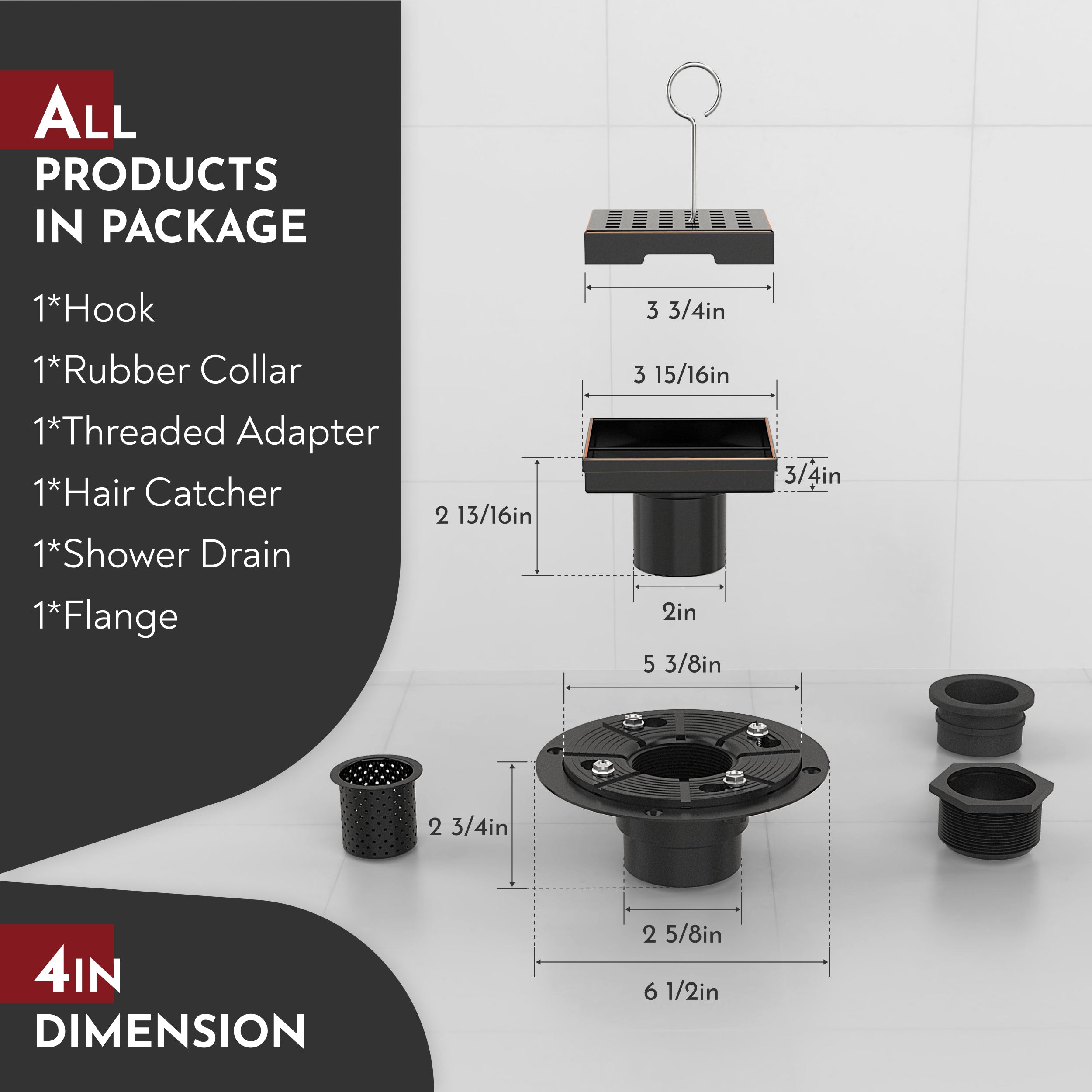 WEBANG 4 Inch Square Hole Pattern Square Shower Drain With Flange, Oil Rubbed Bronze