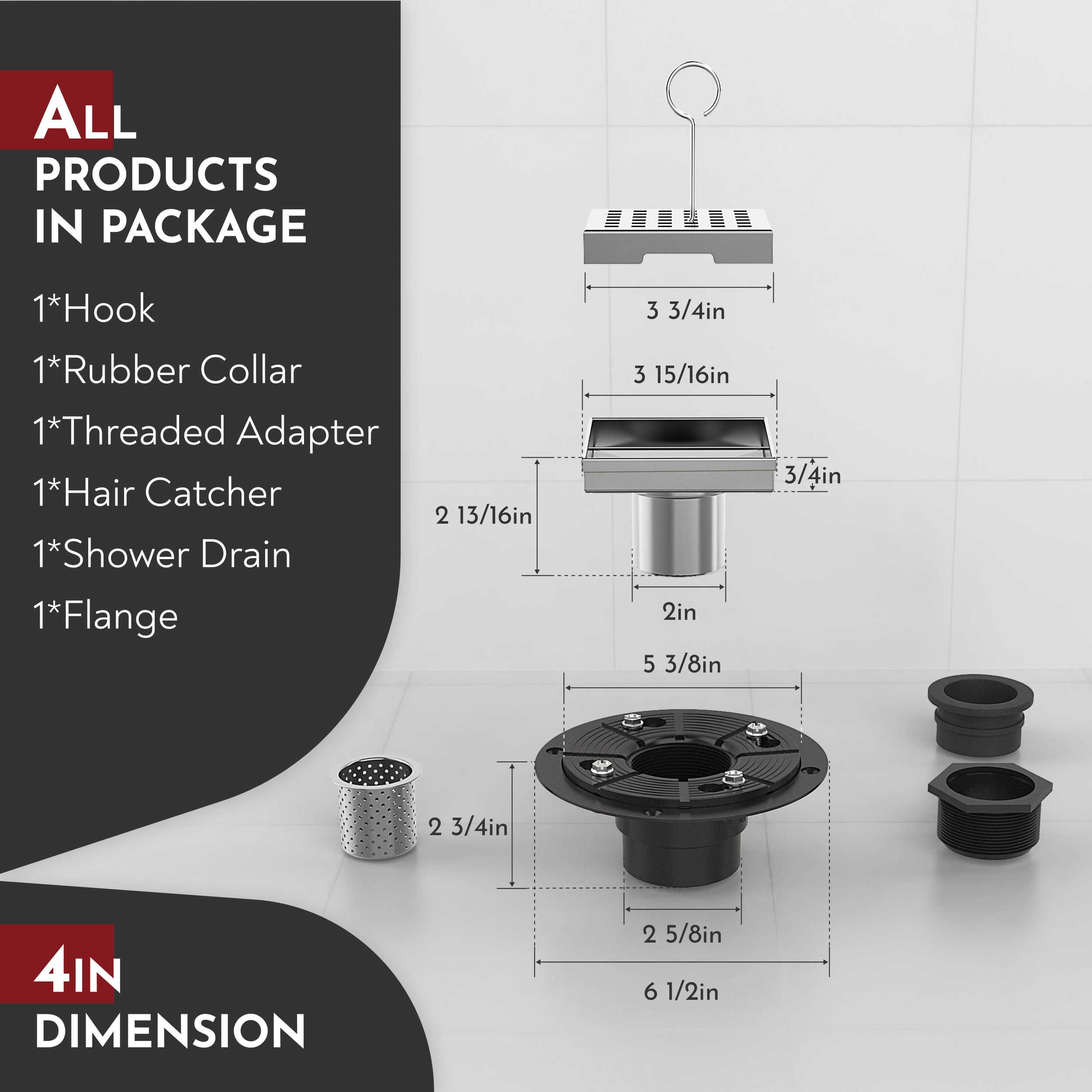 WEBANG 4 Inch Square Hole Pattern Square Shower Drain With Flange, Brushed Stainless Steel