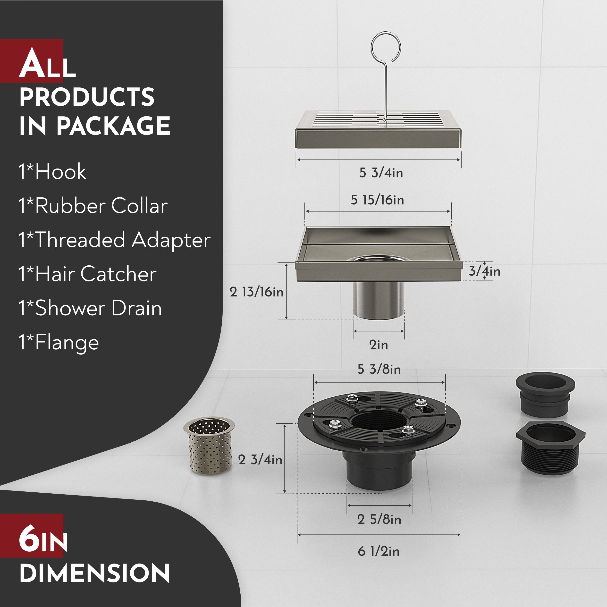 WEBANG 6 Inch Rainline Pattern Square Shower Drain With Flange, Brushed Nickel