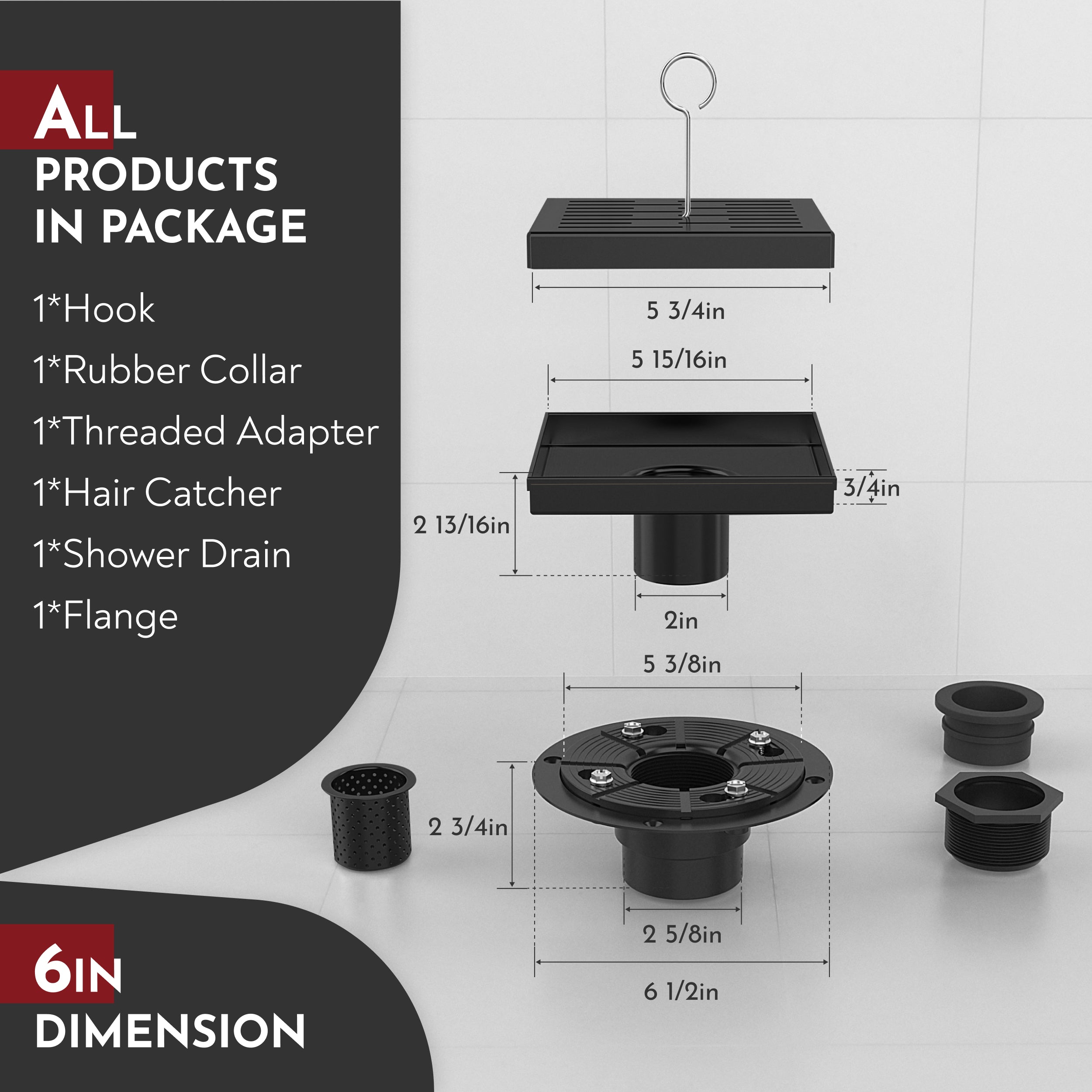 WEBANG 6 Inch Rainline Pattern Square Shower Drain With Flange, Matte Black