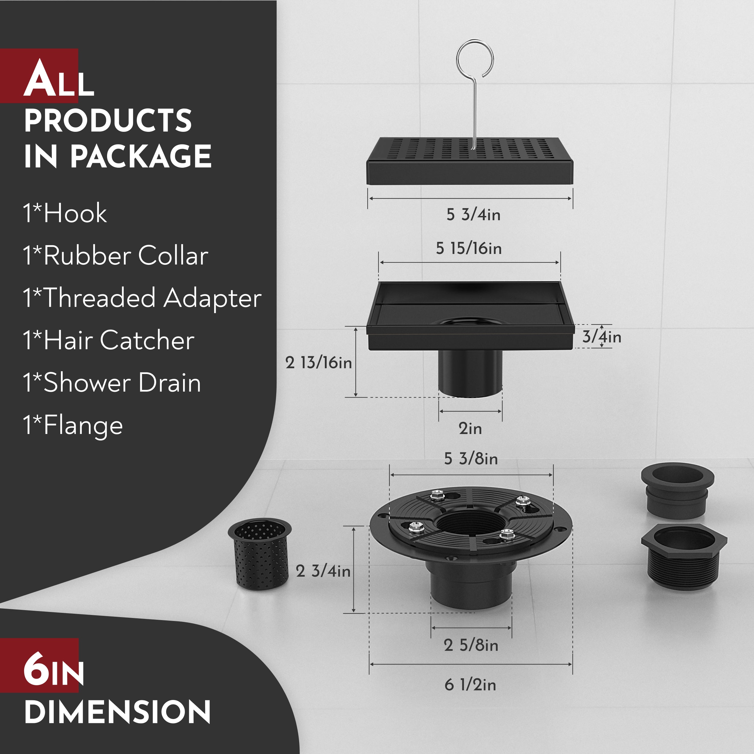 WEBANG 6 Inch Square Hole Pattern Square Shower Drain With Flange, Matte Black