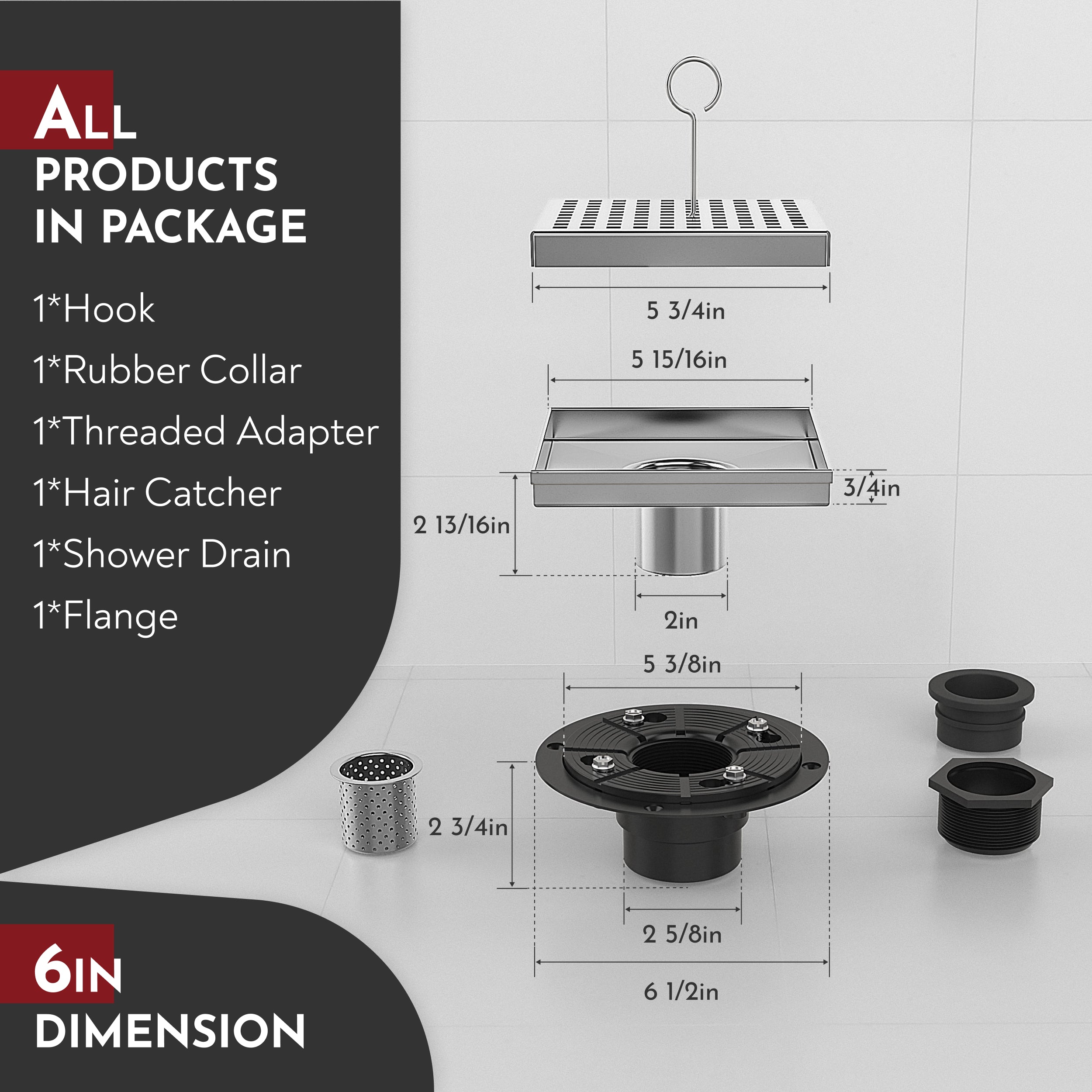 WEBANG 6 Inch Square Hole Pattern Square Shower Drain With Flange, Brushed Stainless Steel