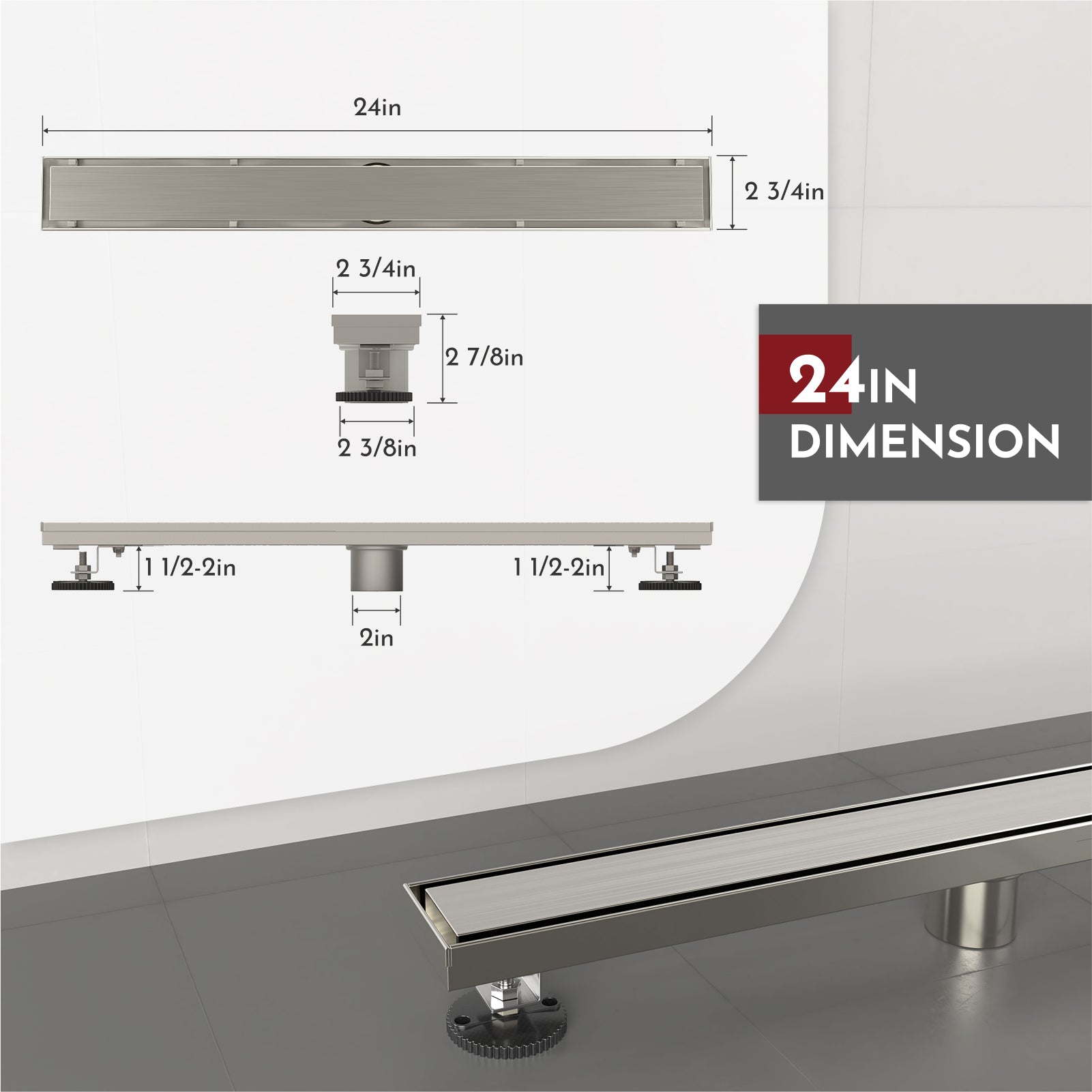 WEBANG 24 Inch Reversible 2-in-1 Linear Shower Drain With Accessories, Brushed Nickel