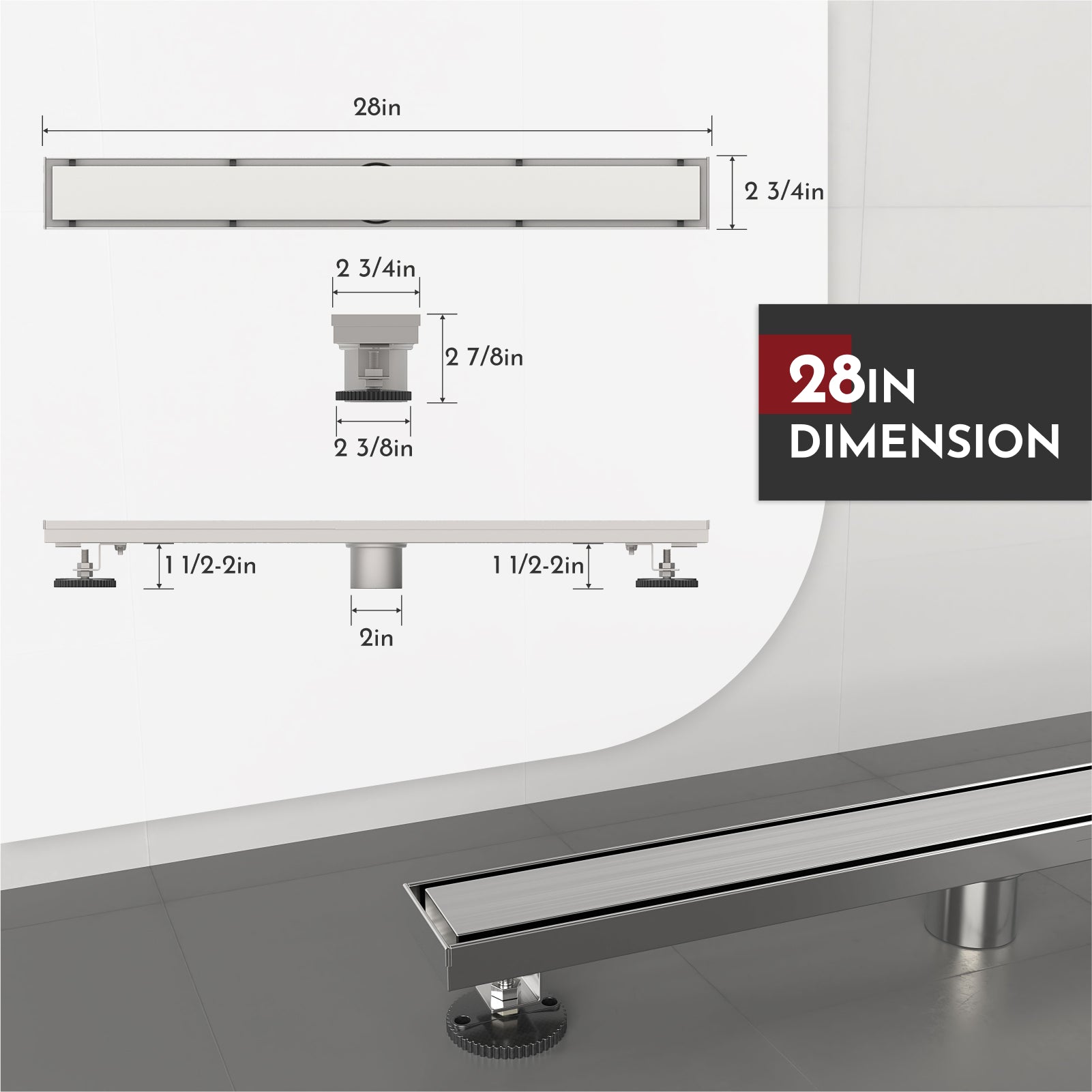 WEBANG 28 Inch Reversible 2-in-1 Linear Shower Drain With Accessories, Brushed Stainless Steel