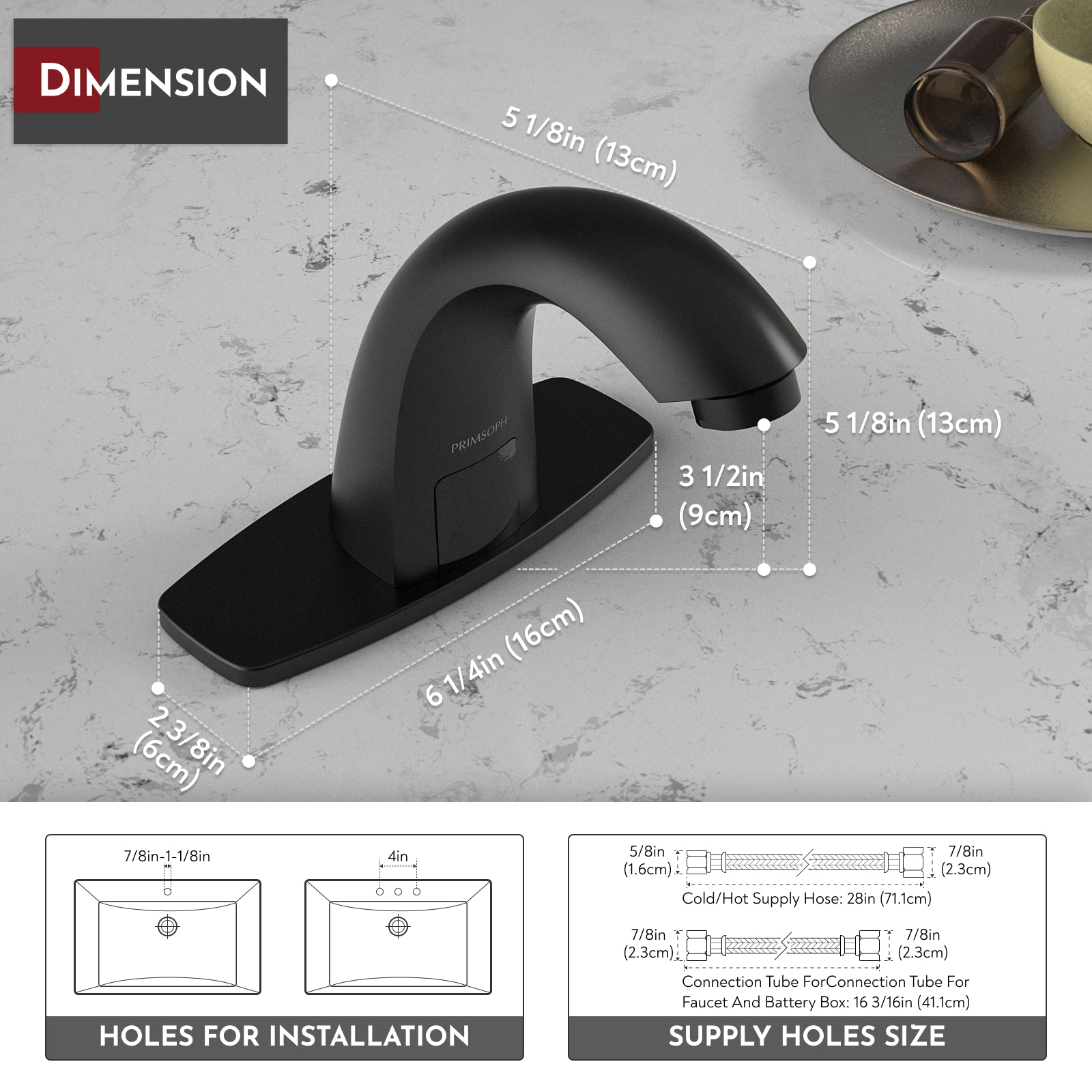 PRIMSOPH Model 8003 Battery and Plug-In Powered Touchless Faucet with Temperature Mixer, Matte Black