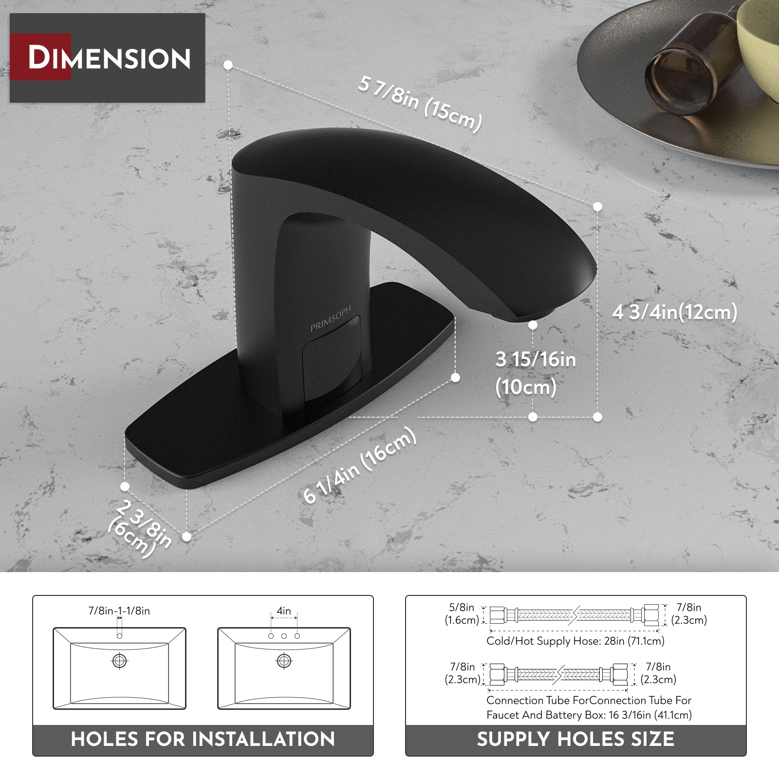 PRIMSOPH Model 8009 Battery and Plug-In Powered Touchless Faucet with Temperature Mixer, Matte Black