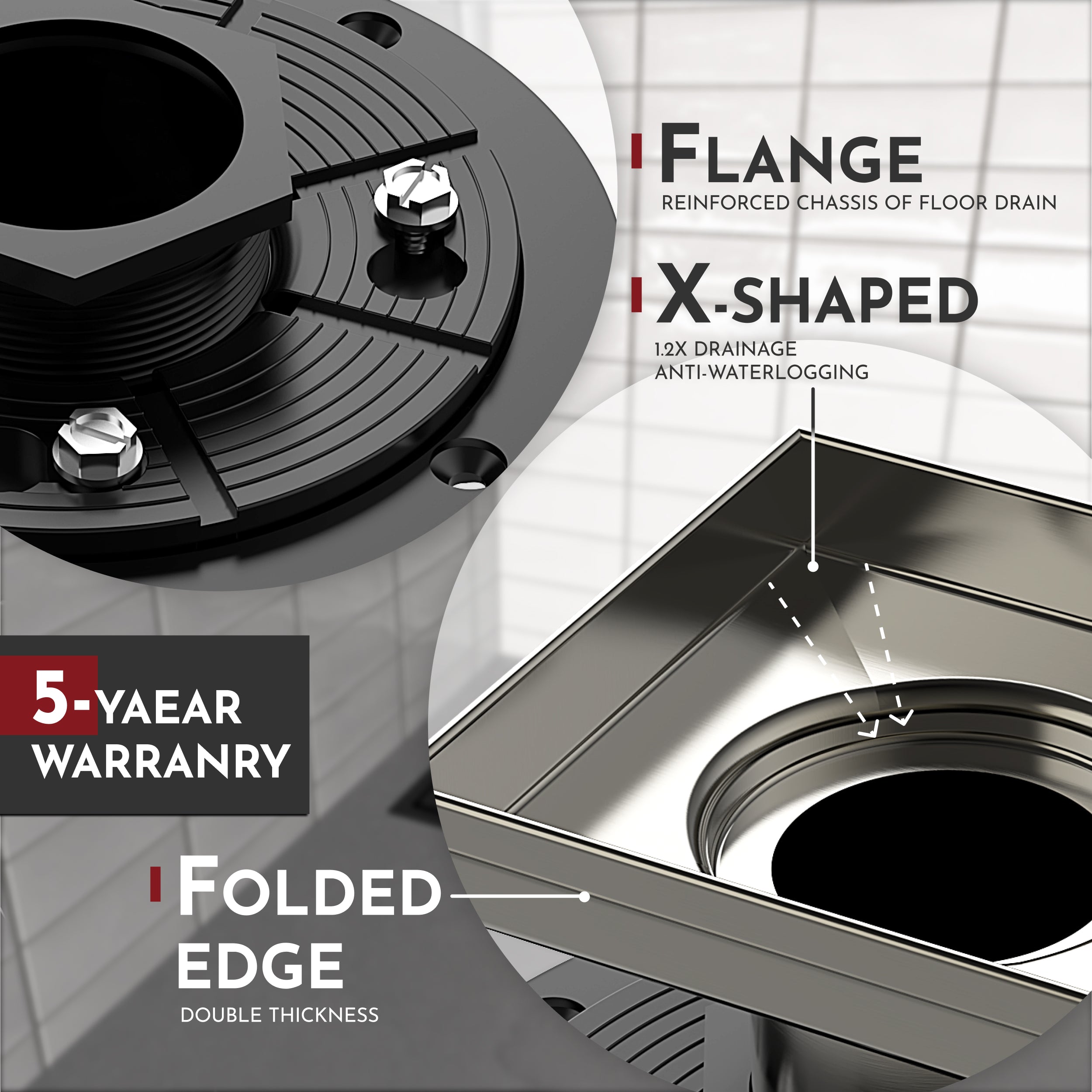 WEBANG 4 Inch Wave-Hole Pattern Square Shower Drain With Flange, Brushed Nickel